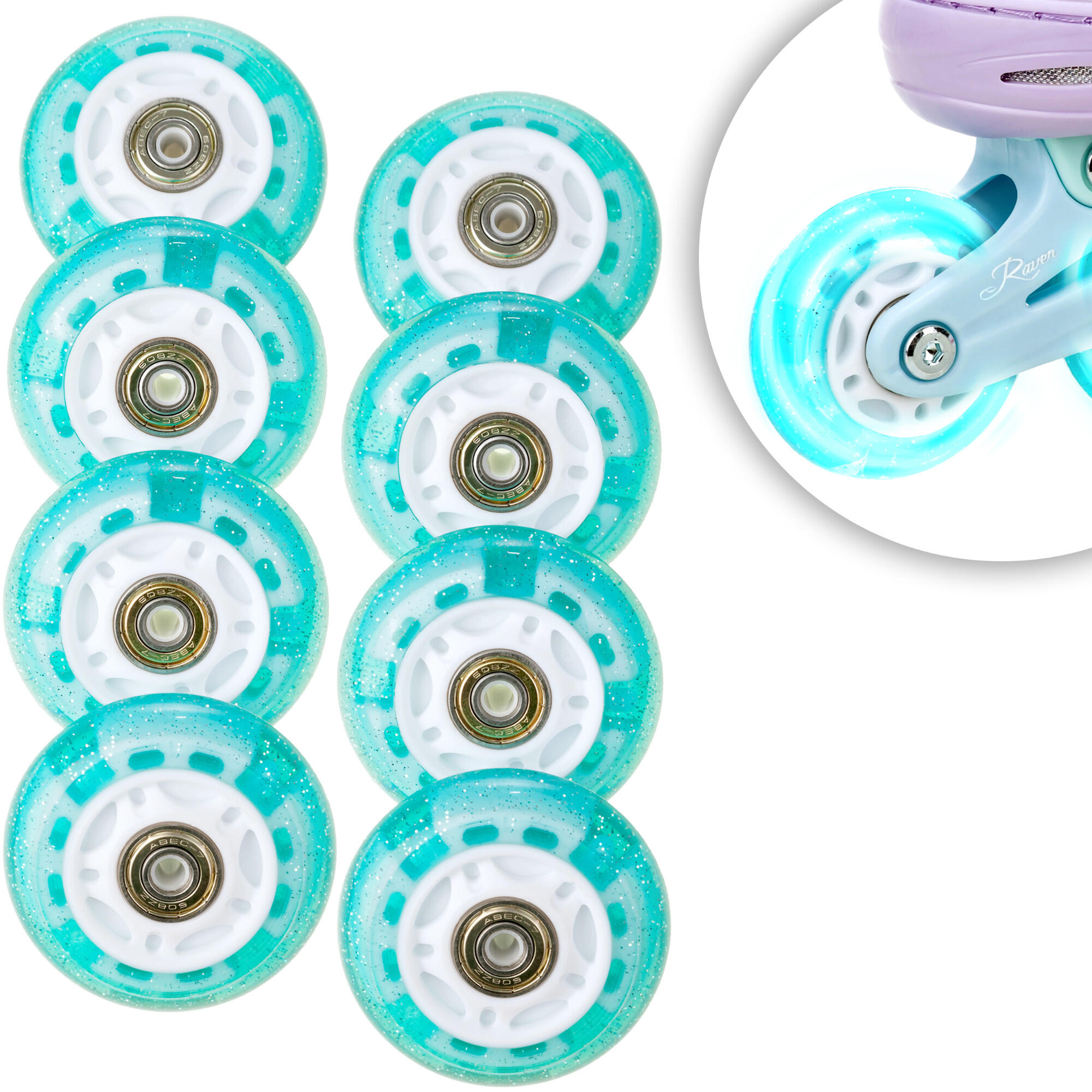 8x Świecące kółka LED do rolek RAVEN Isla Mint 64mm PU
