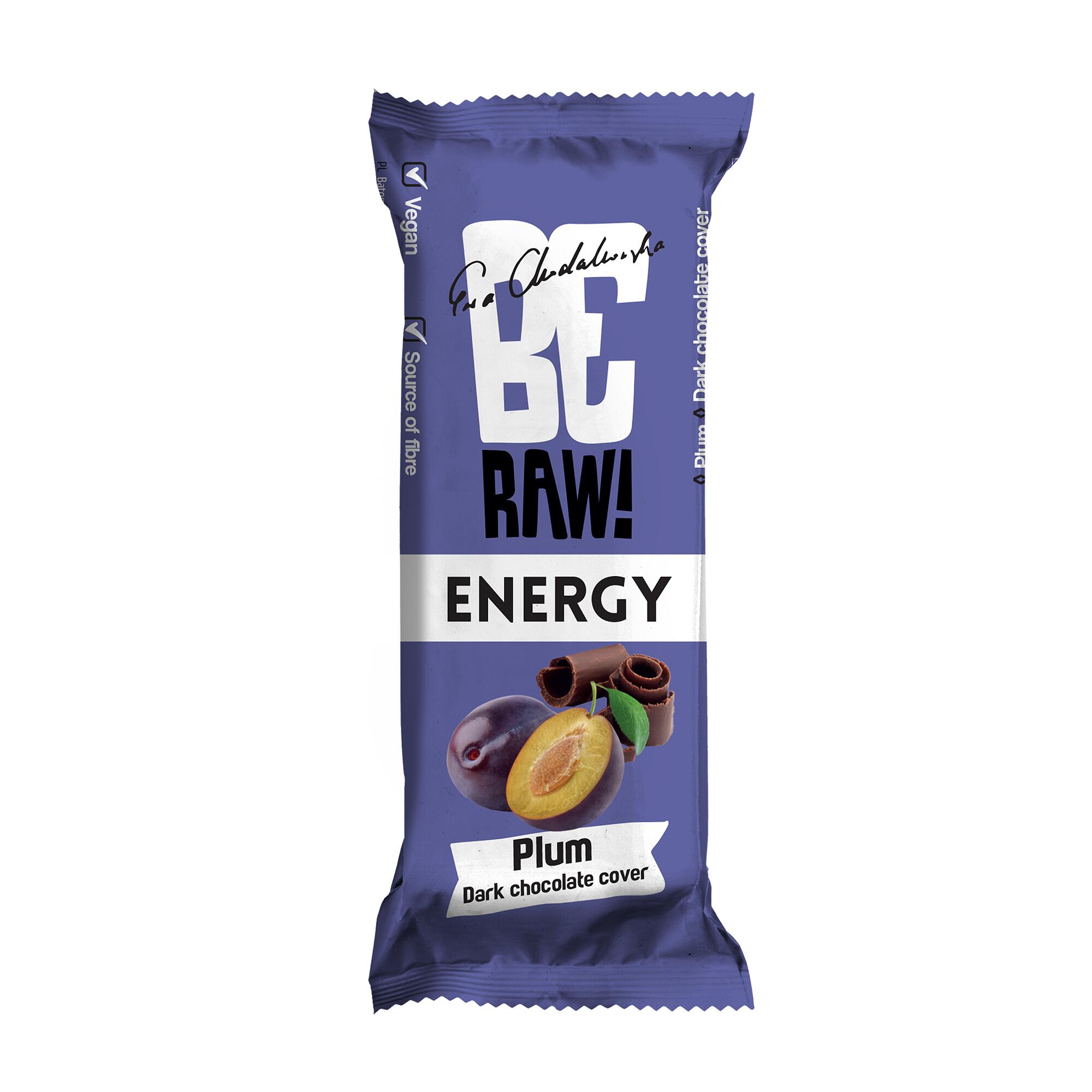 Baton BeRaw Energy Plum Chocolate 40g. Baton o smaku śliwkowym z czekoladą.