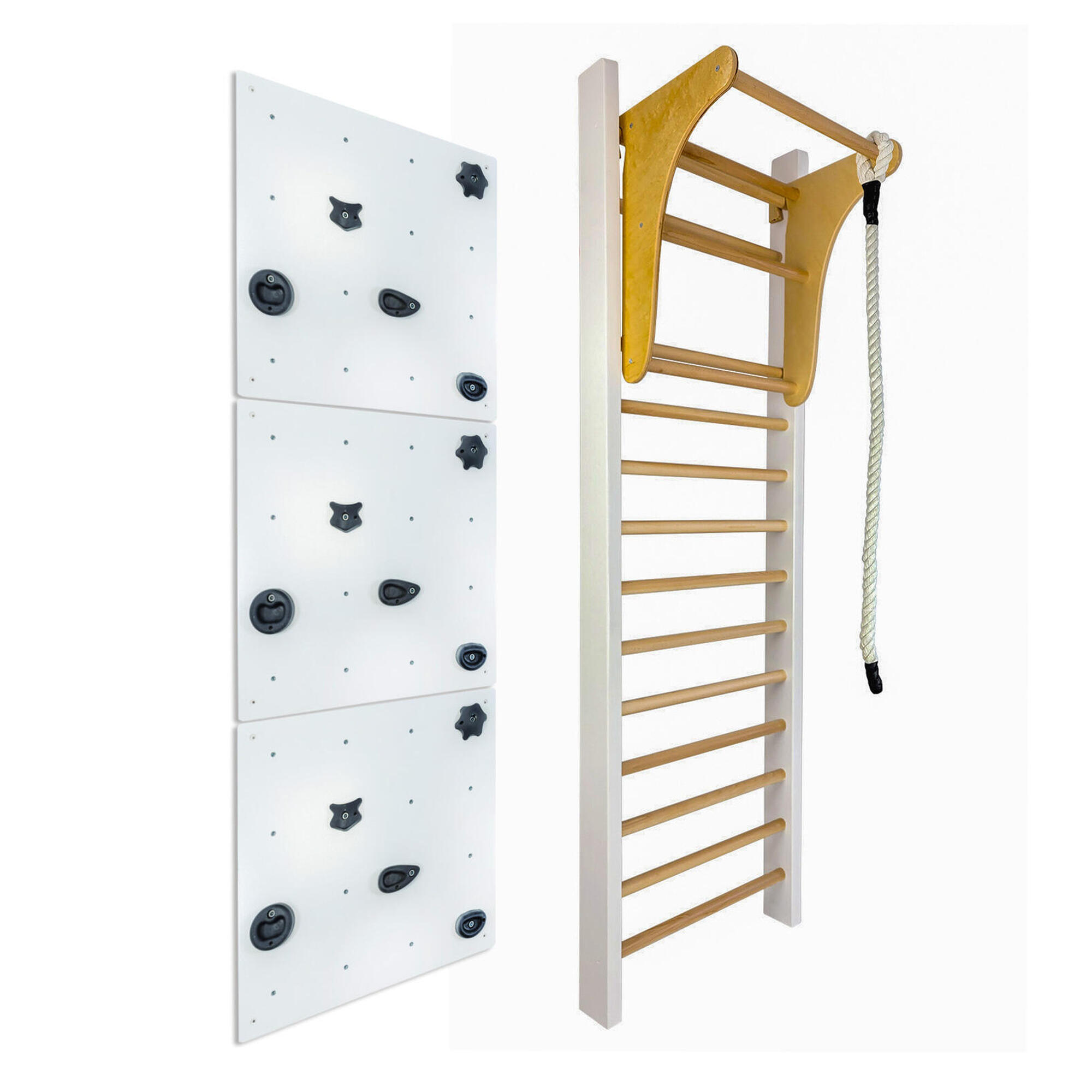 Drabinka gimnastyczna LEON 195x80 biała + drążek + ścianka wspinaczkowa