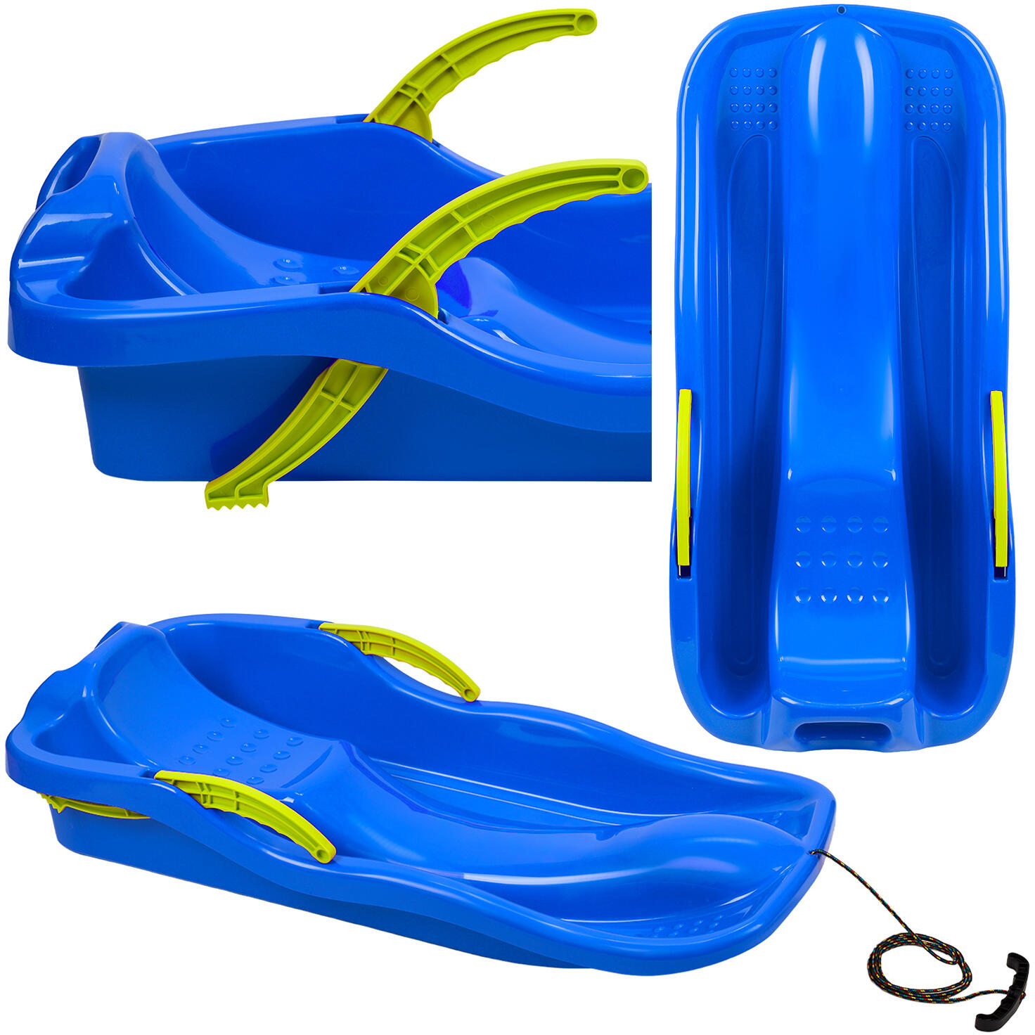 Sanki ślizg dla dzieci z oparciem hamulcem sznurkiem duże plastikowe niebieskie
