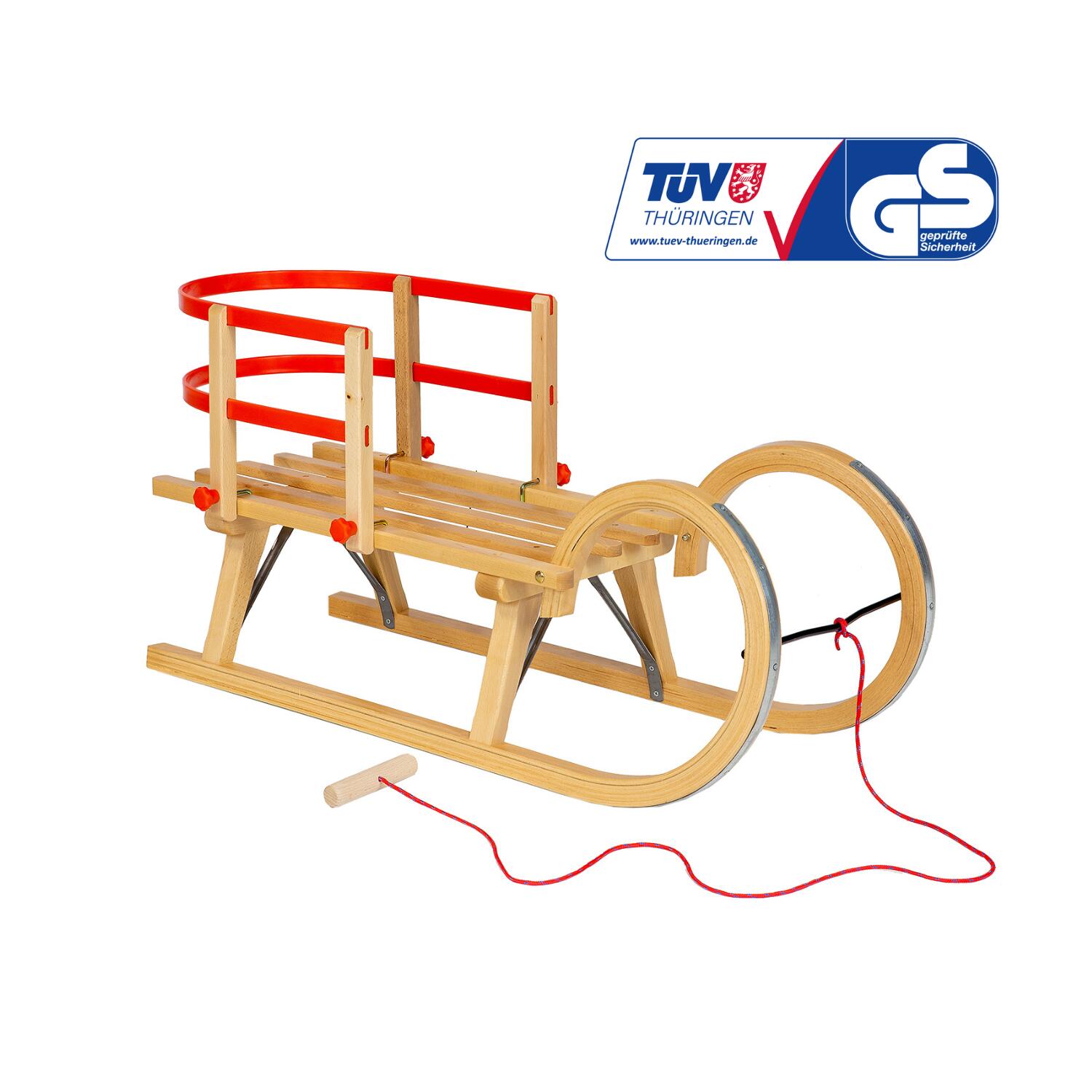 Zestaw sanki drewniane AD323 D95 + AD303 oparcie czerwone + AD300 sznurek