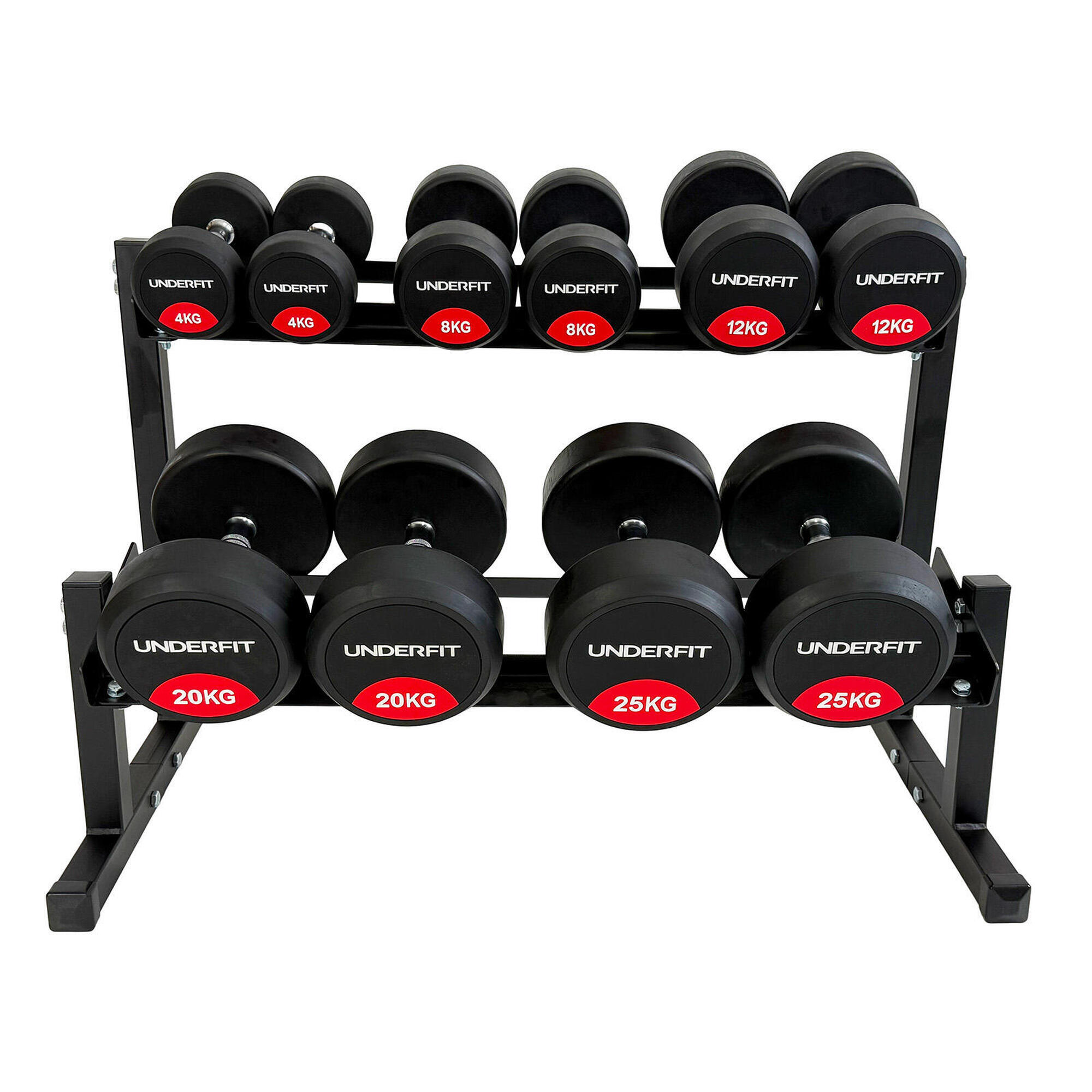 Zestaw hantli gumowanych 2 x 4-20 kg 5 par (120 kg) UNDERFIT + stojak STR38