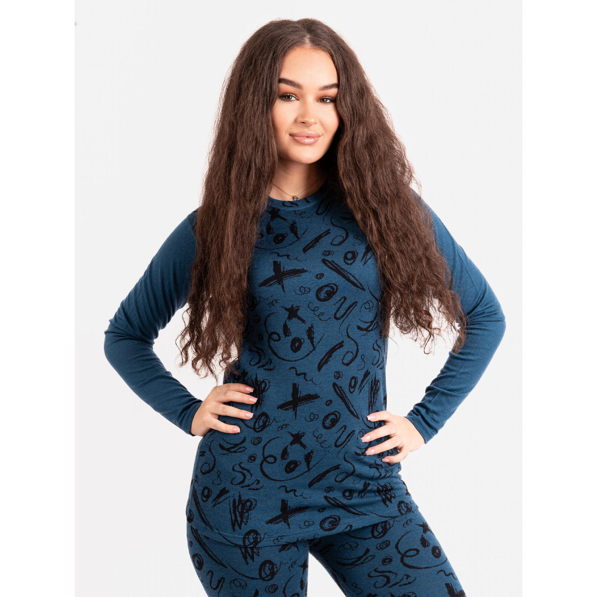 Dámské merino triko s dlouhým rukávem Nature, Petrolejová, Kresba