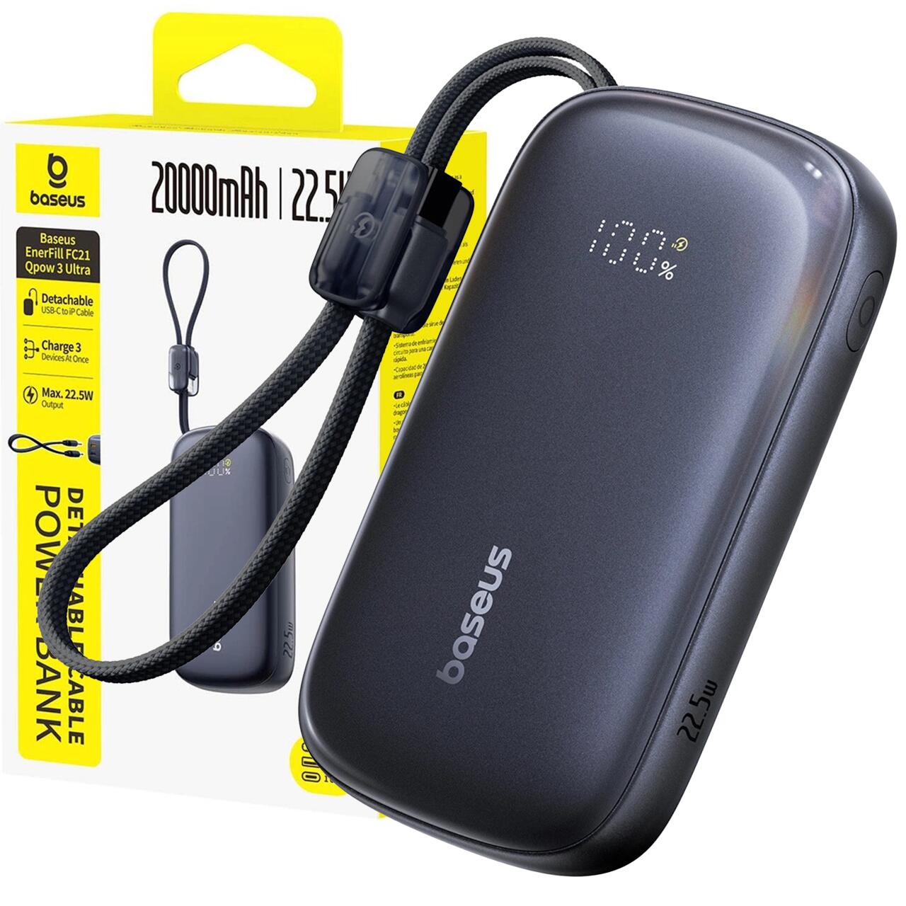 Powerbank Baseus 20000 mAh 22.5W USB-C USB-A z kablem USB-C lightning