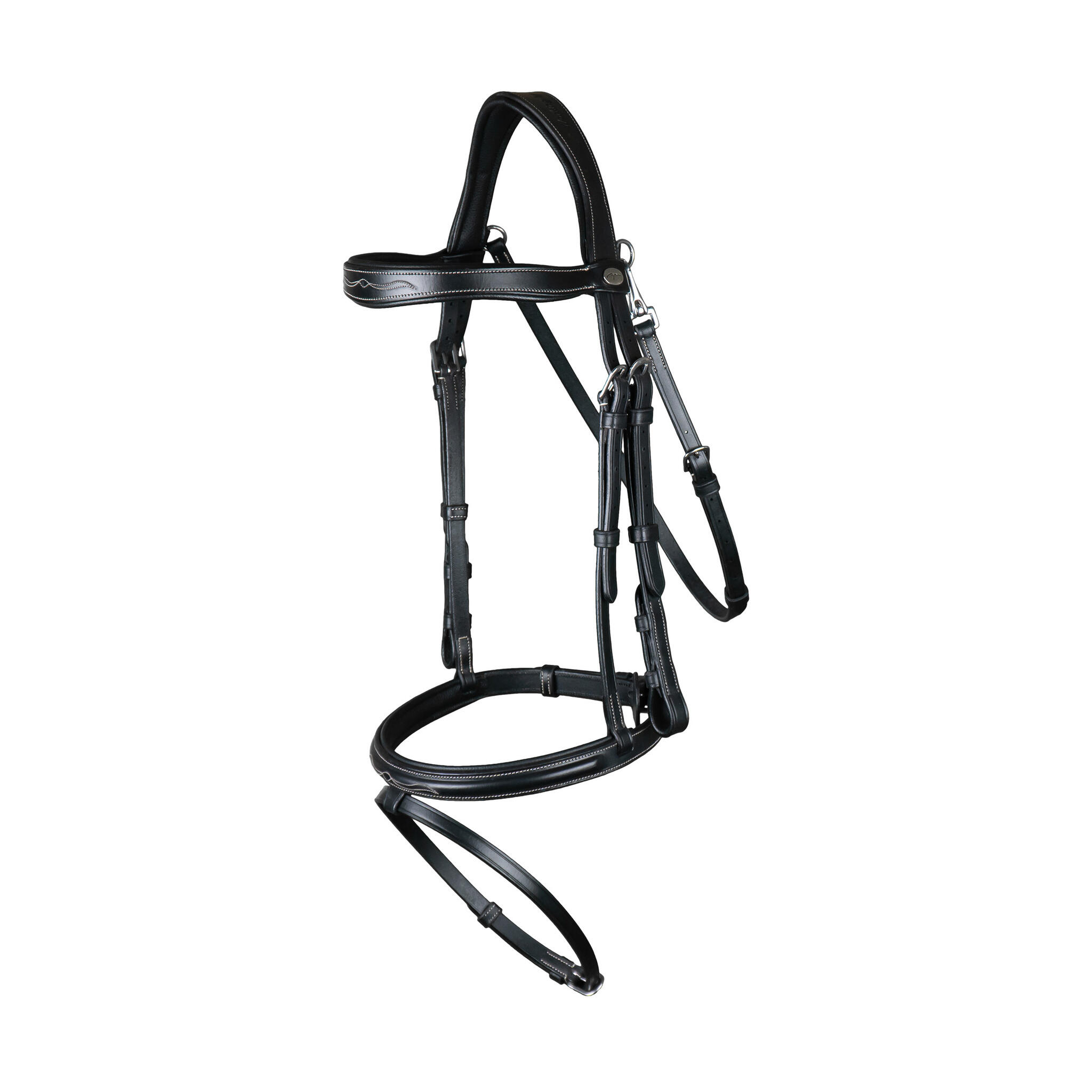 Anatomiczna uzda jeździecka z połączonym paskiem na nos i karabińczykiem Dy’on