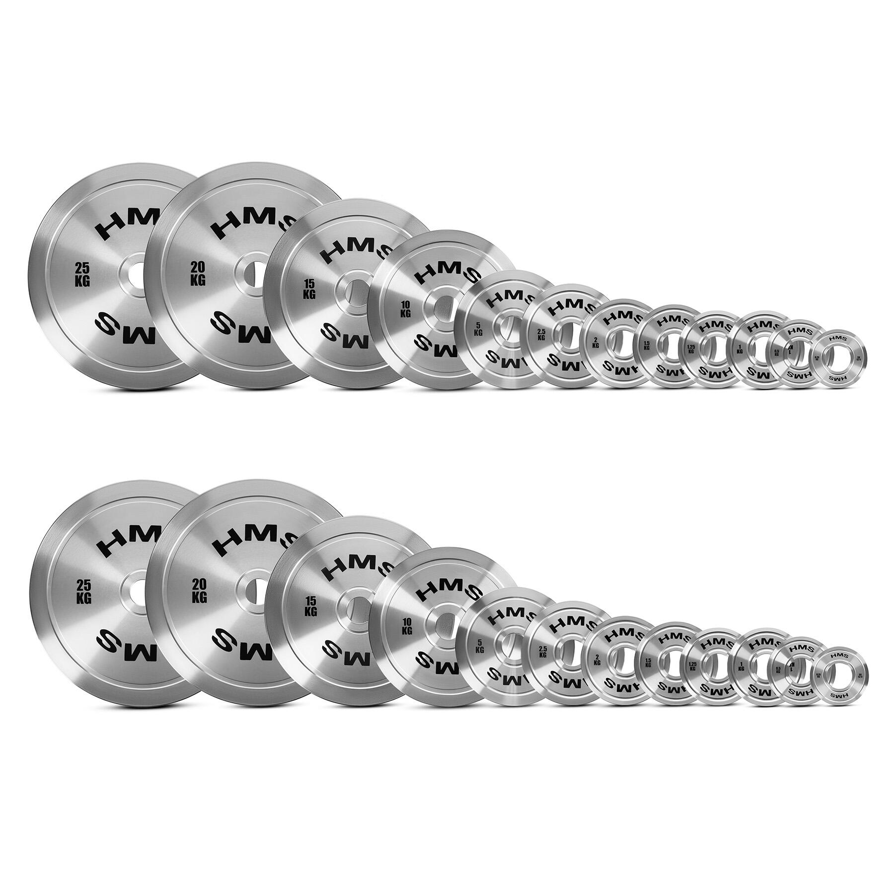 Zestaw talerzy olimpijskich stalowych kalibrowanych TOS 2x0.25-25kg (168kg) HMS