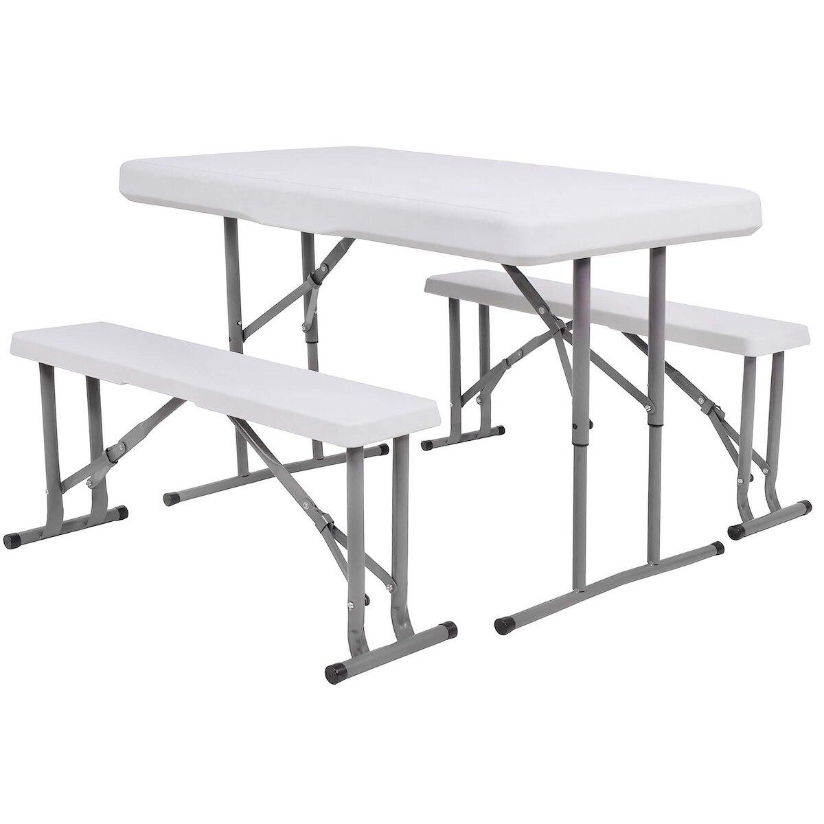 Komplet mebli turystycznych, składany stolik, 2 ławki na biwak, kemping biały