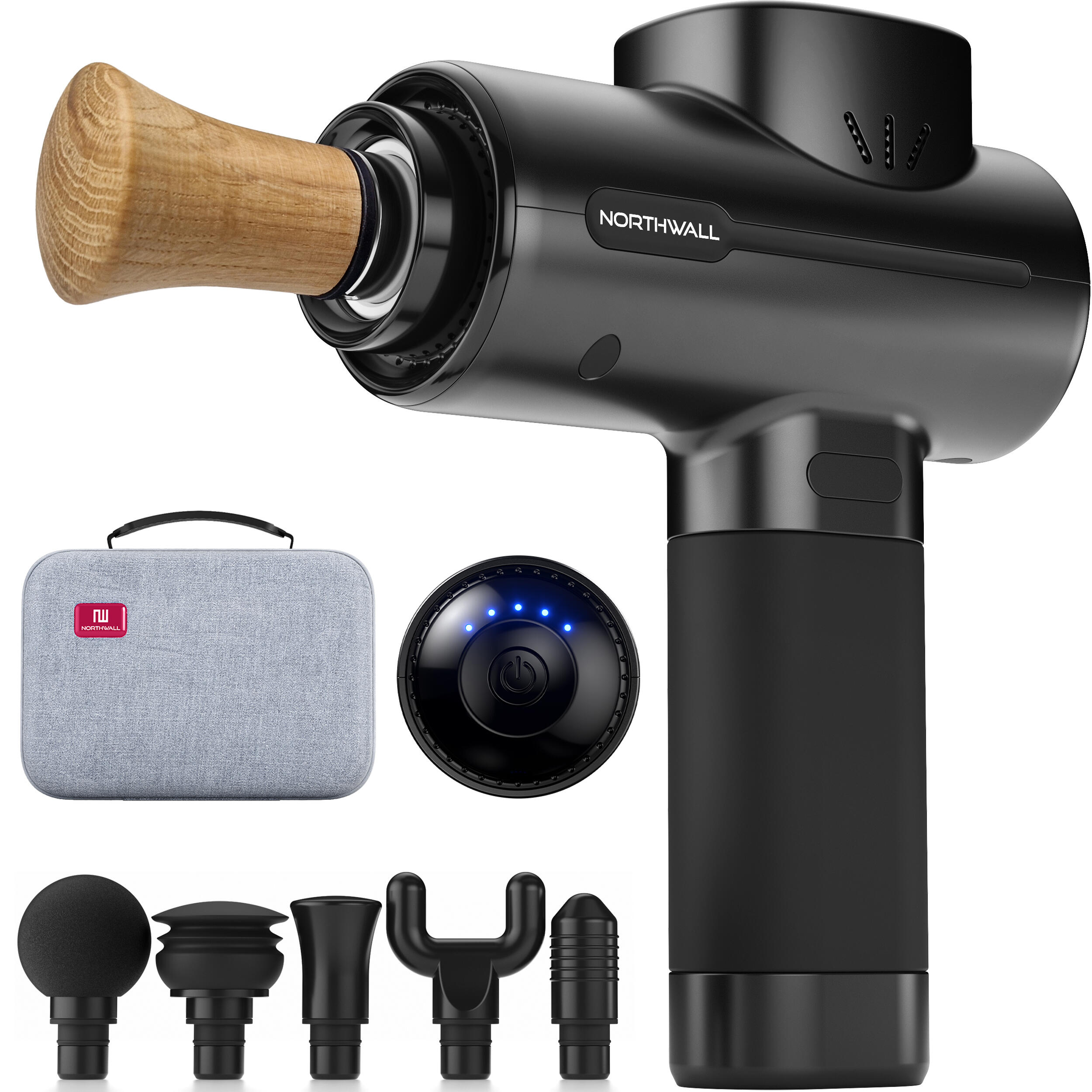Masażer wibracyjny Northgun PRO z drewniane mocowanie, profesjonalny Massage Gun