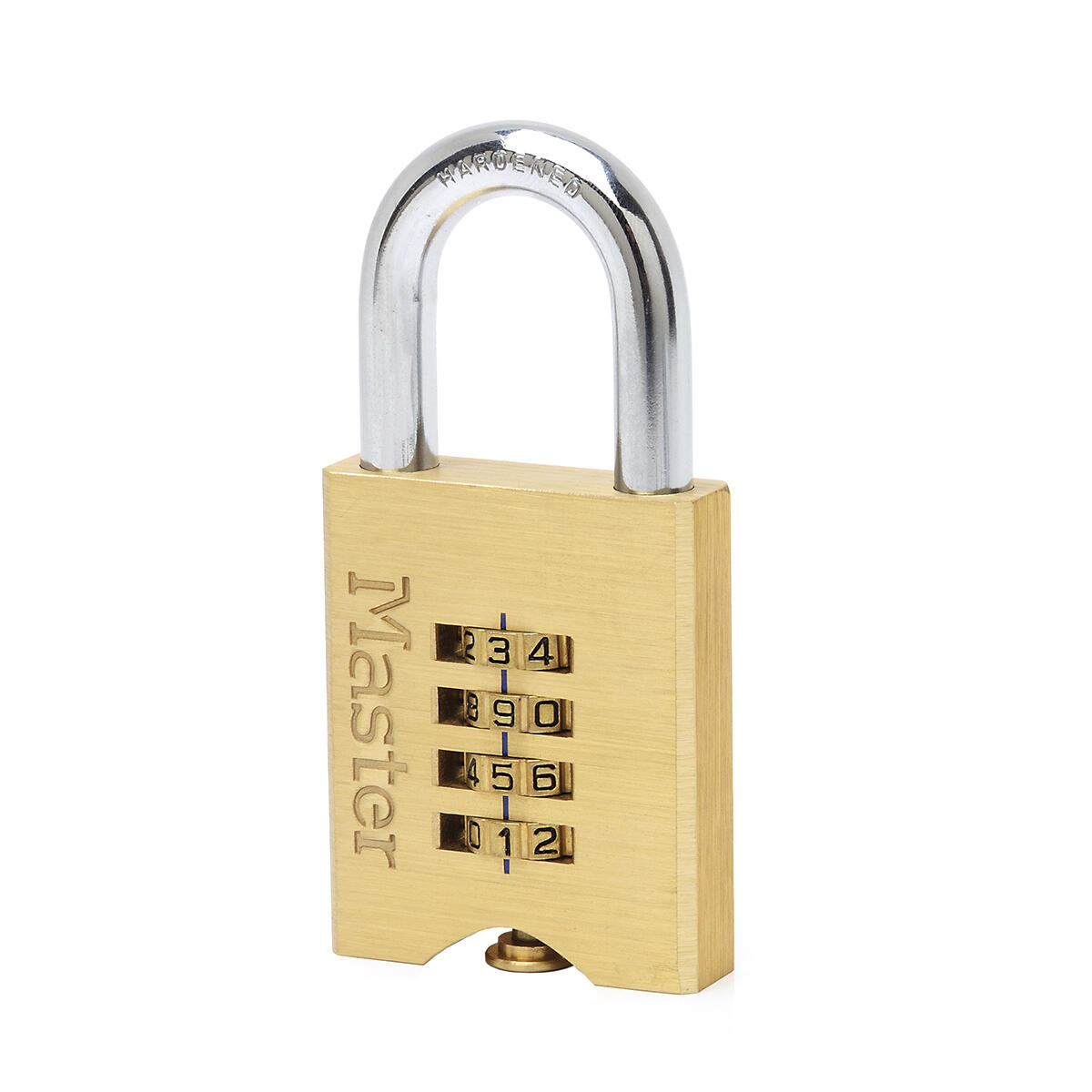 Mosiężna kłódka na 4-cyfrowy szyfr Master Lock 651EURD, kolor złoty