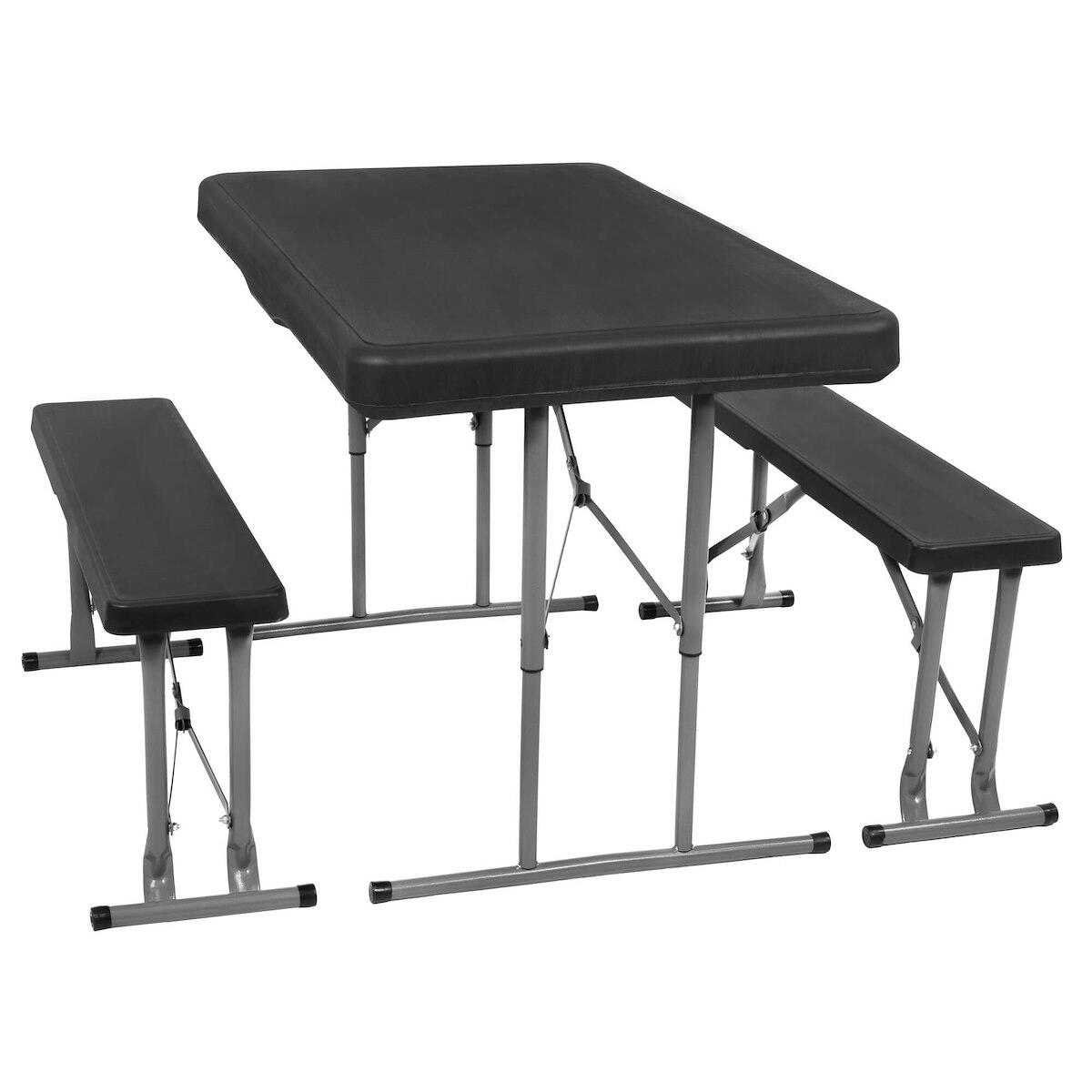 Komplet mebli kempingowych, na biwak składany stolik, 2 ławki, czarno-szary