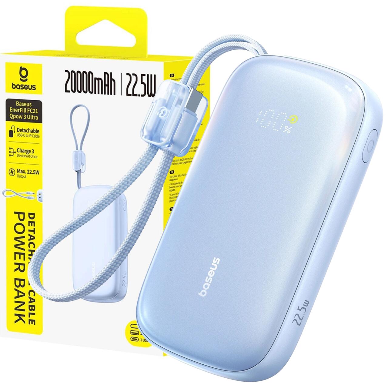 Powerbank Baseus 20000 mAh 22.5W USB-C USB-A z kablem 2w1 USB-C lightning