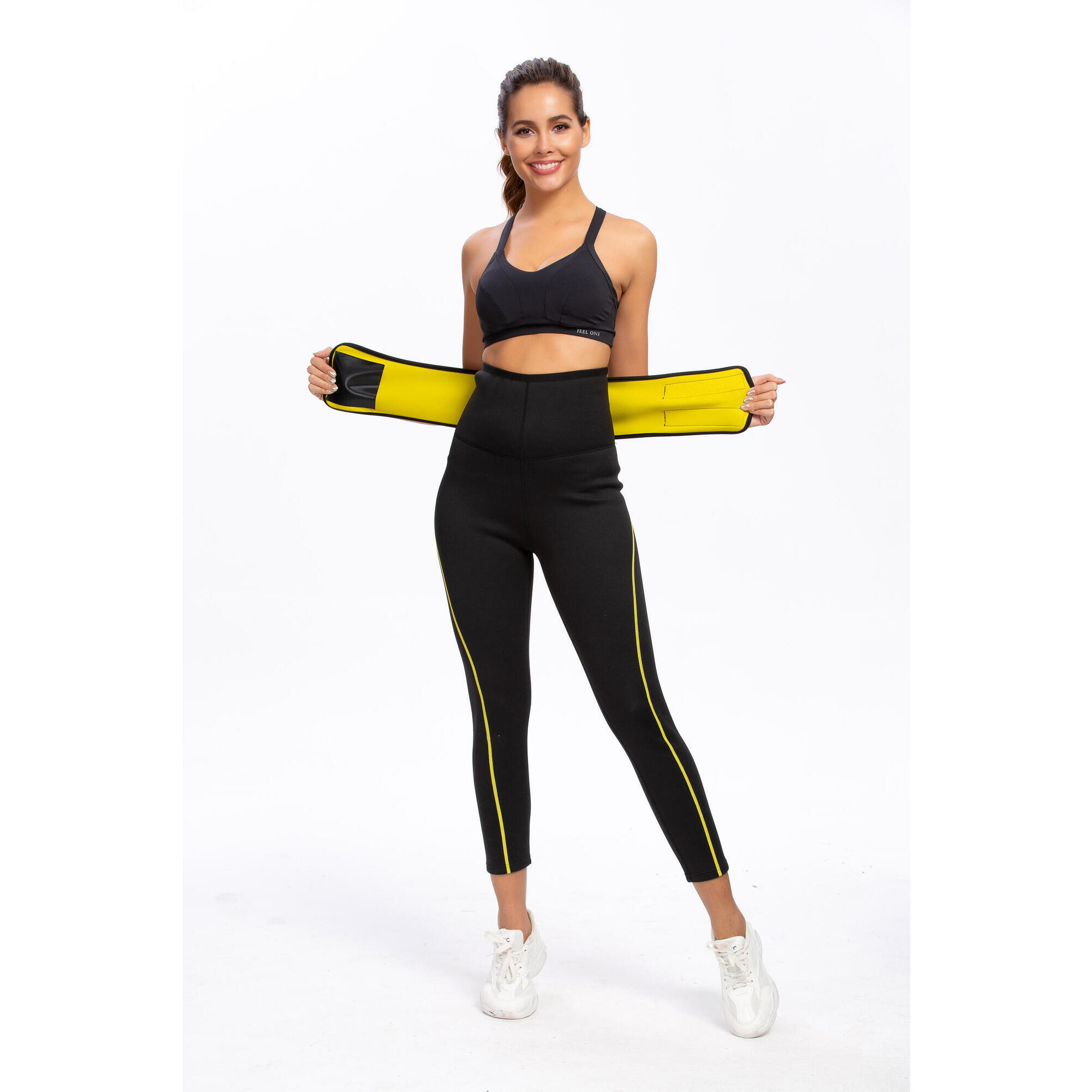 Spodnie fitness neoprenowe wyszczuplające damskie z paskiem