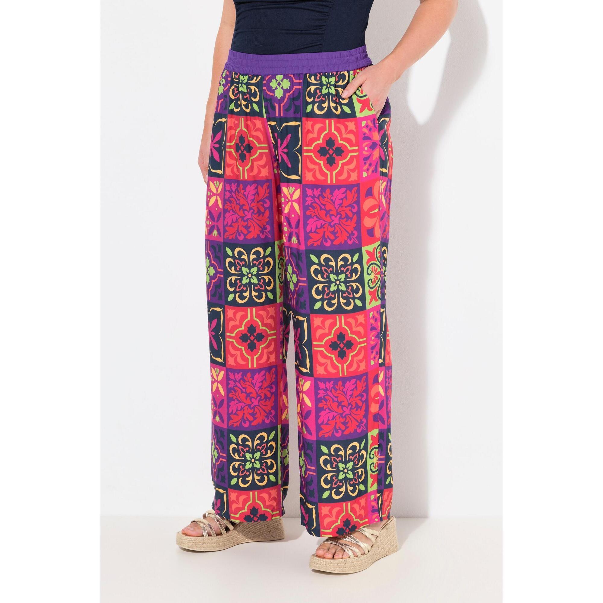 Damskie Spodnie palazzo wzór w płytki szeroka nogawka elastyczny pas