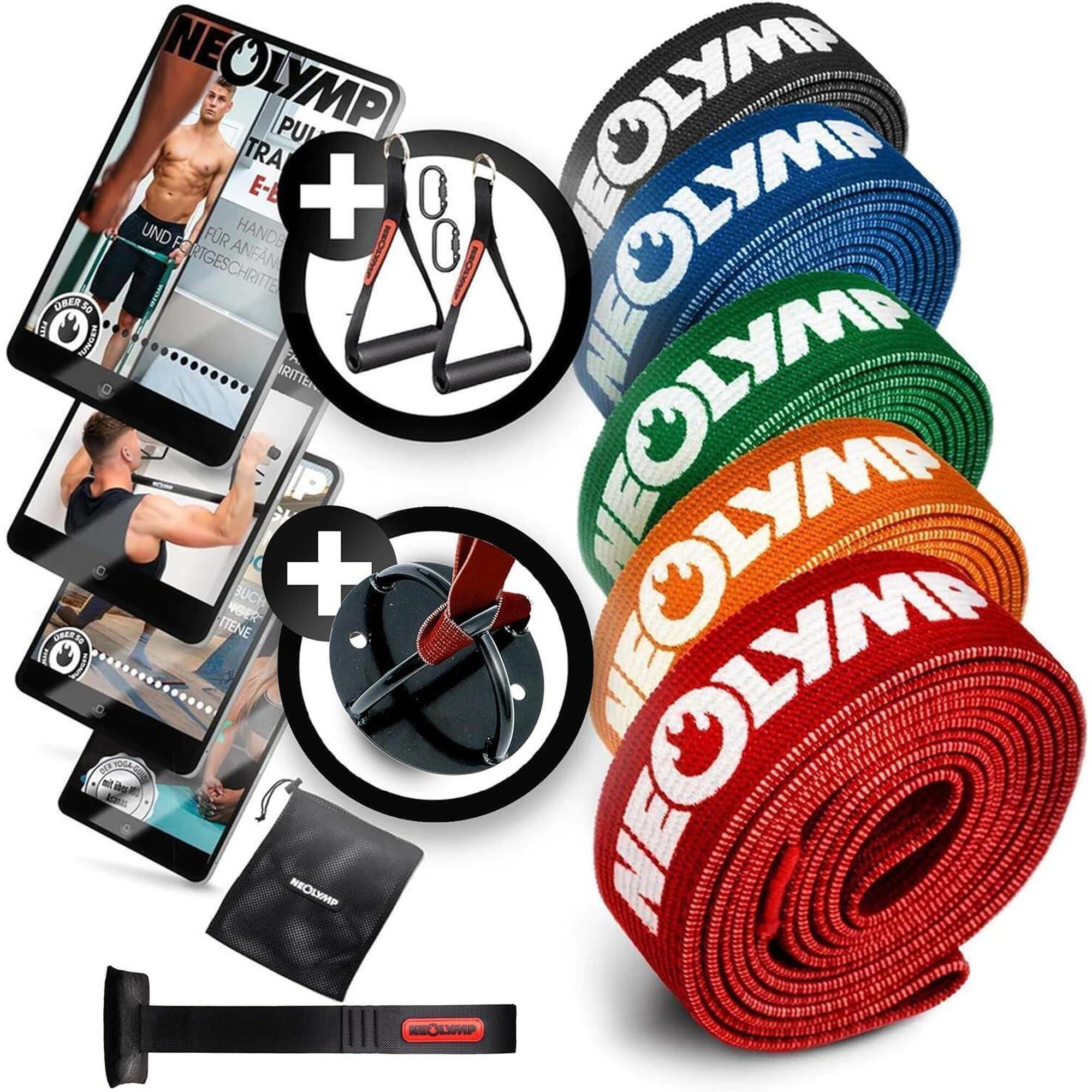 Zestaw taśm fitness z tkaniny – 5 oporów z uchwytami i mocowaniem ściennym