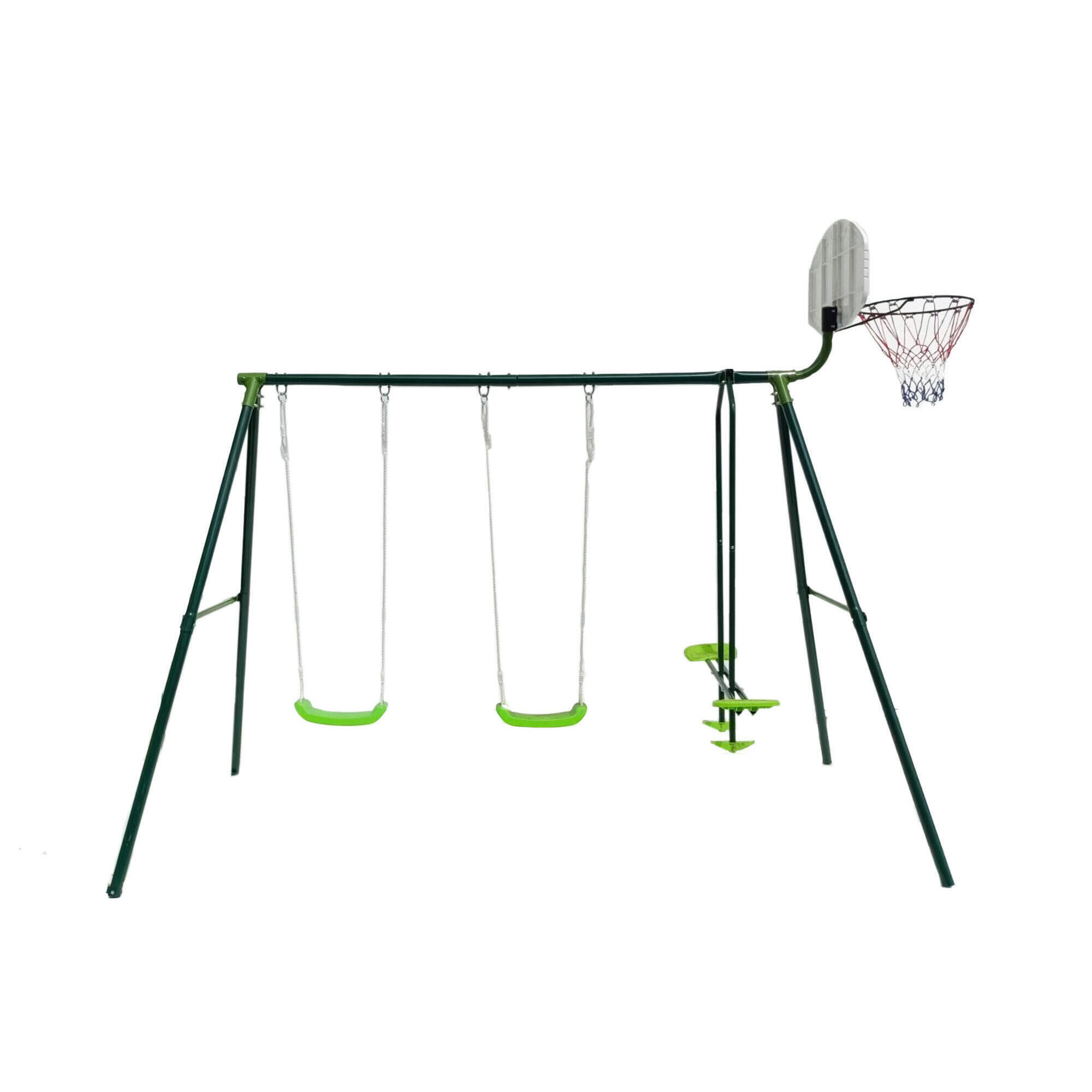 Huśtawka z trzema słupkami i obręczą do koszykówki