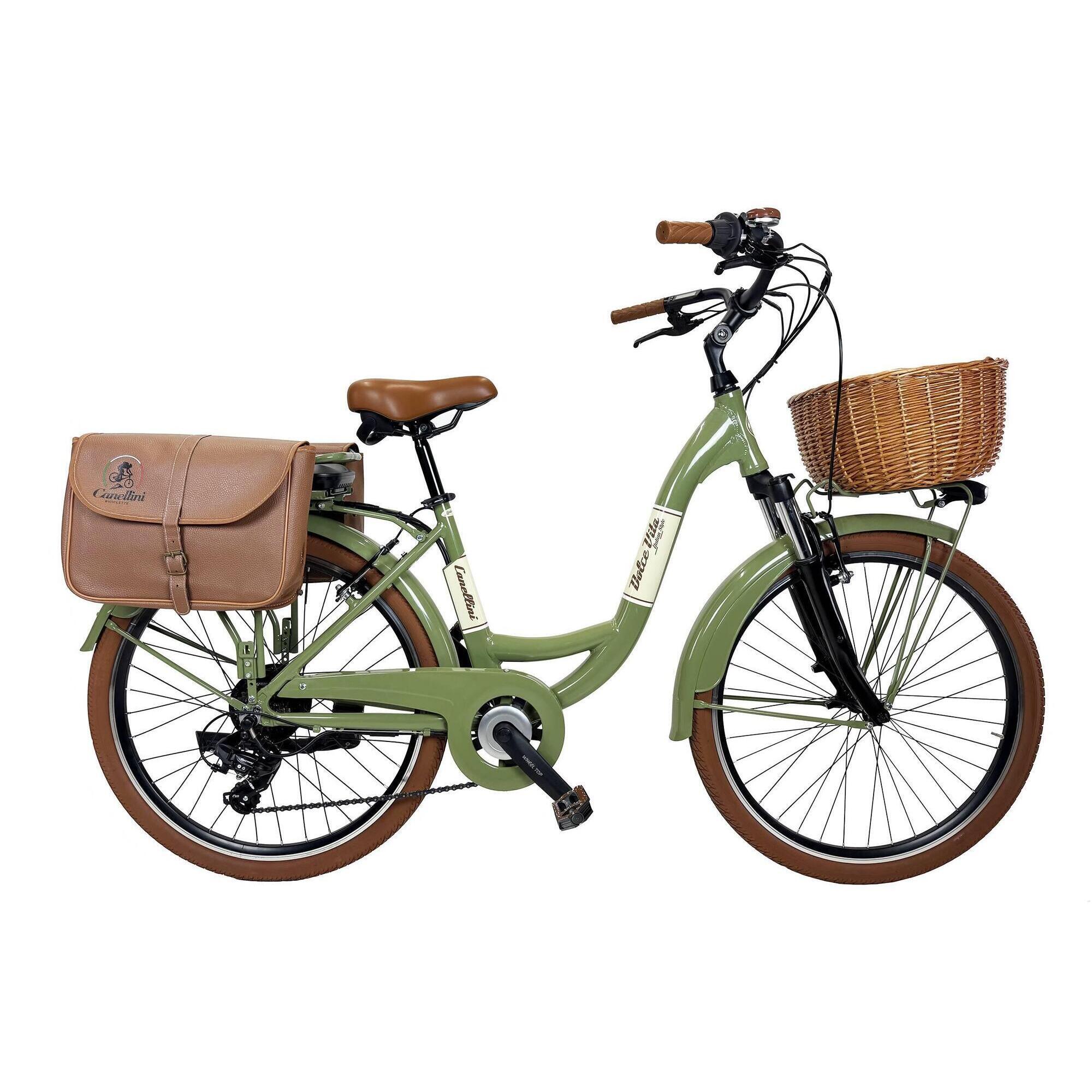 Rower Elektryczny Miejski Dolce Vita VENERE z torbami i koszykiem - oliwkowy
