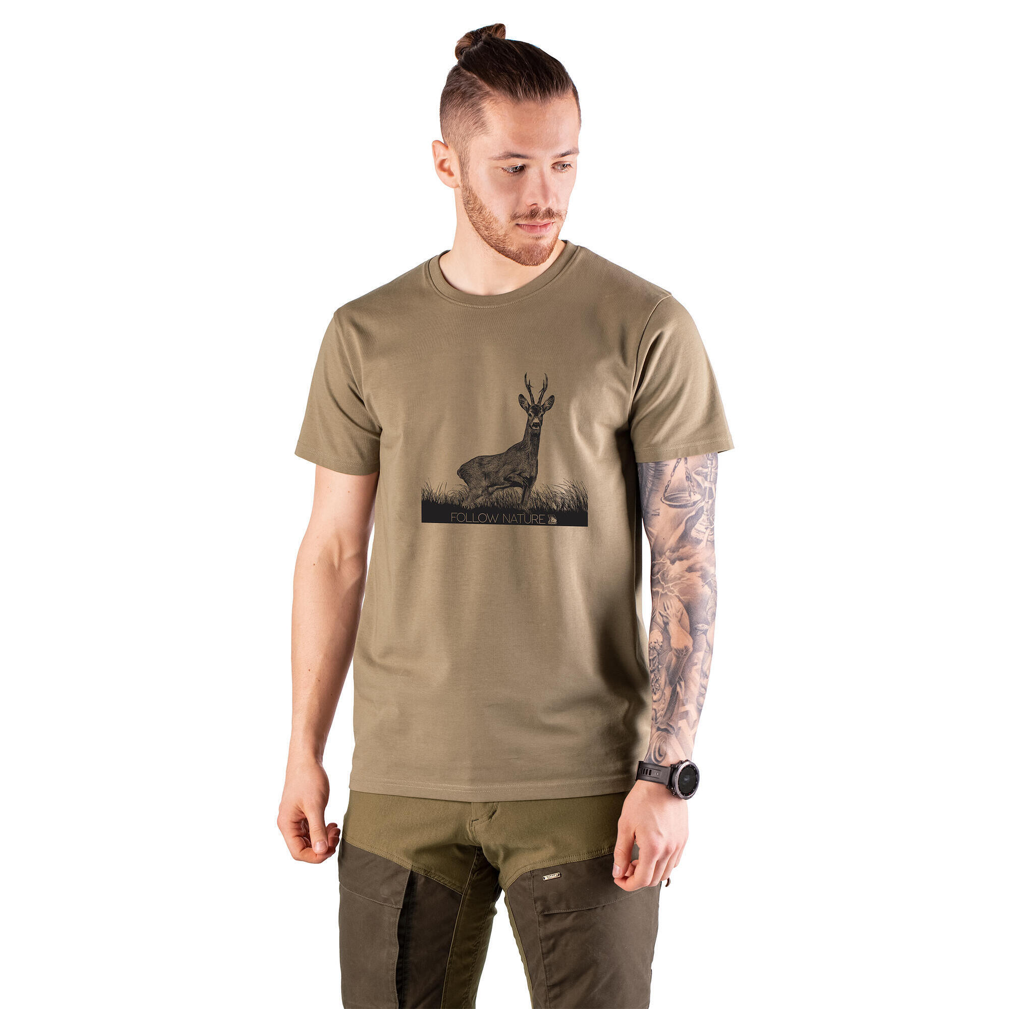 T-shirt myśliwski męski Tagart Roedeer Beige z nadrukiem