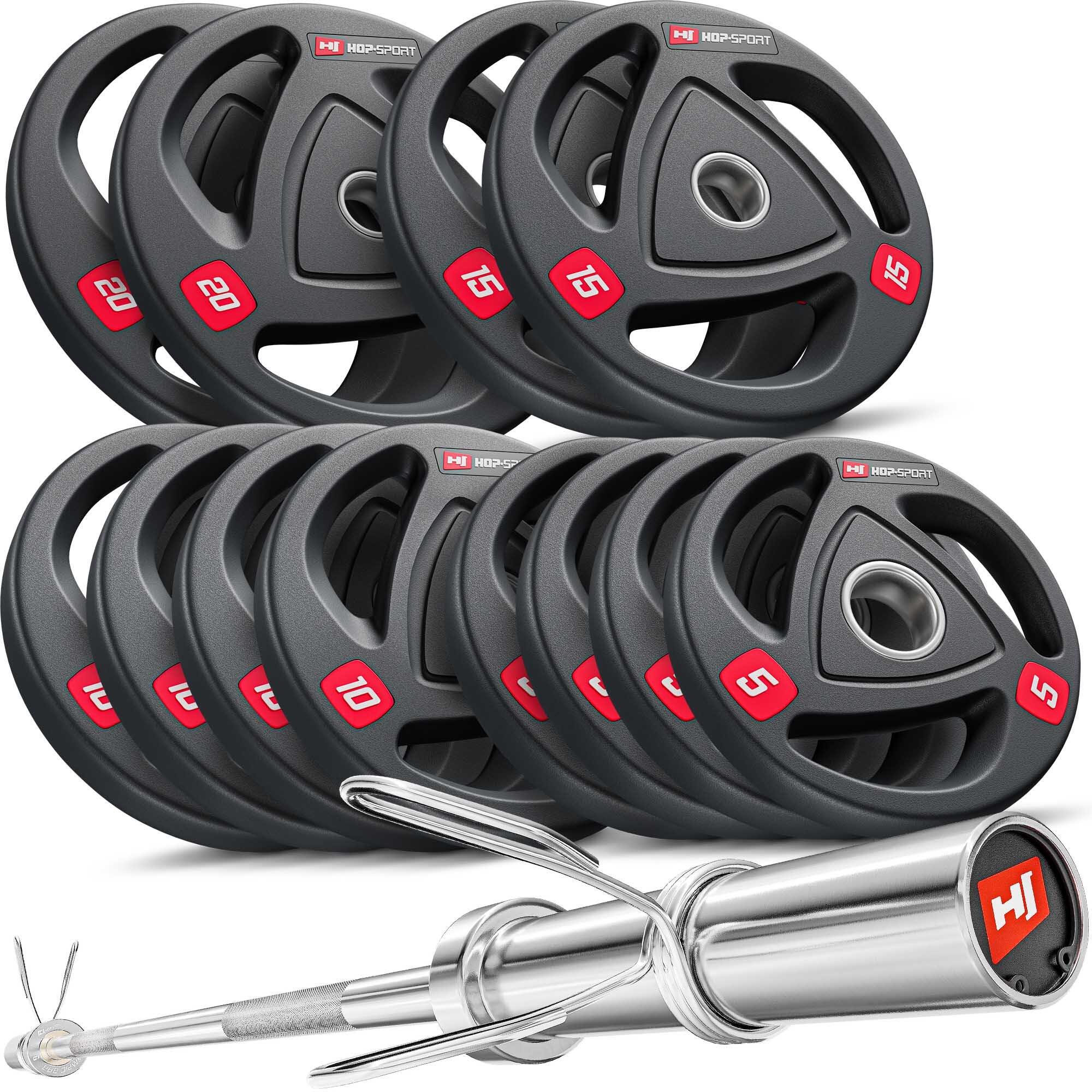 Sztanga olimpijska do treningu siłowego Hop-Sport 144kg gryf i obciążenia