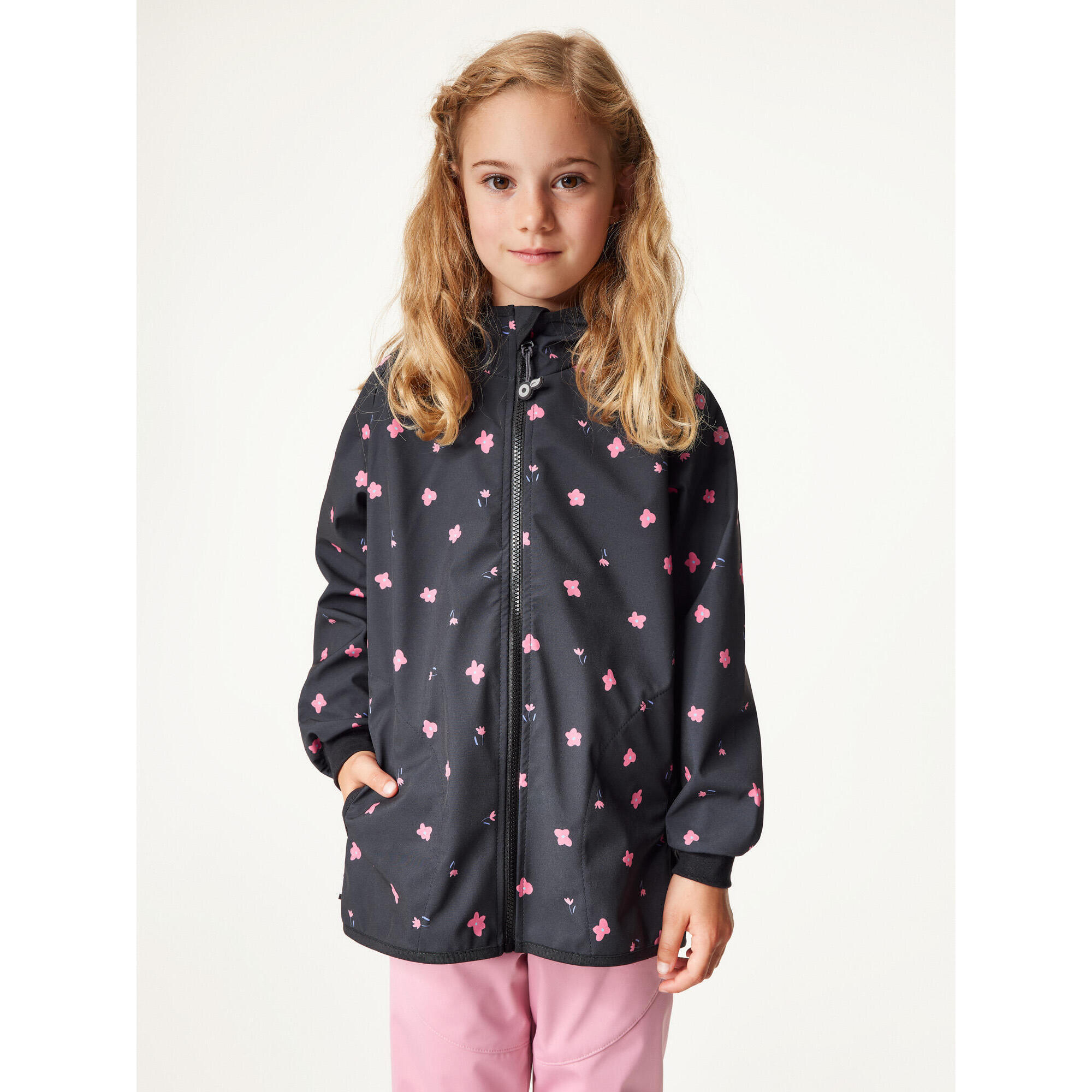 Kurtka softshellowa dziecięca bez ocieplenia elastyczna Basic, czarny, kwiaty