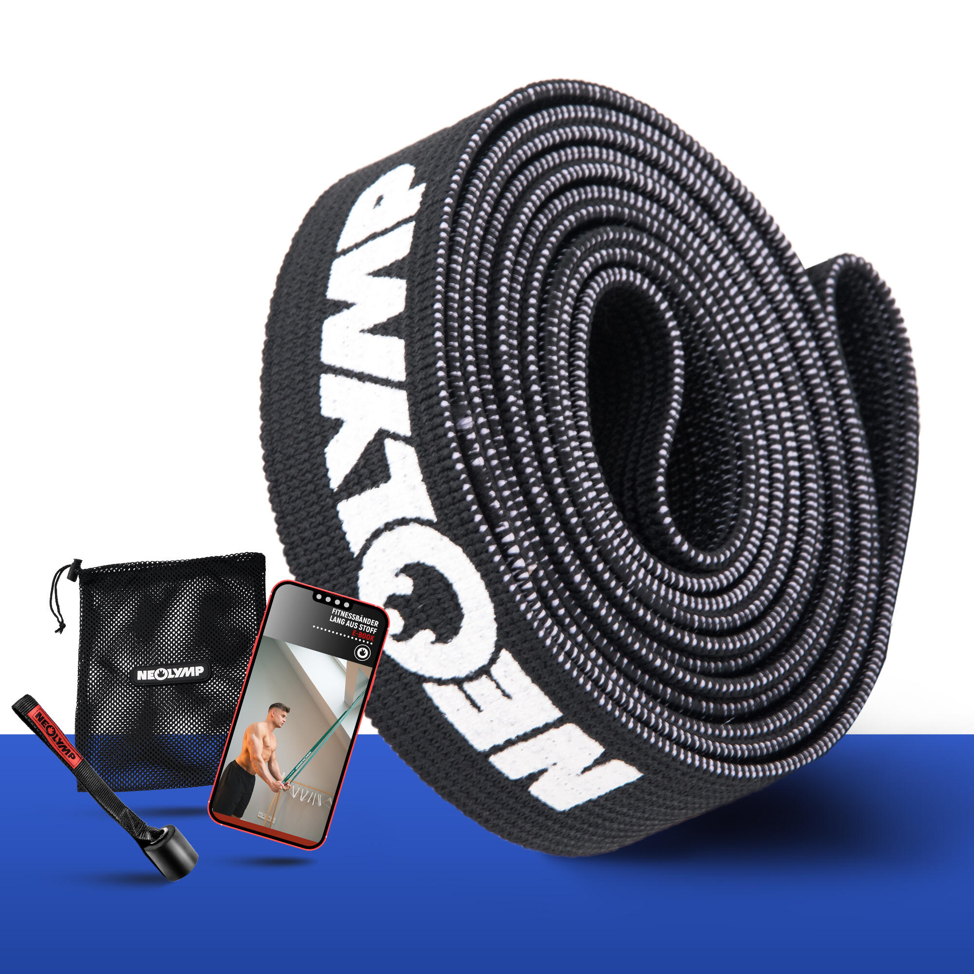 Długie taśmy fitness z tkaniny – poziom oporu 5, taśmy treningowe z torbą