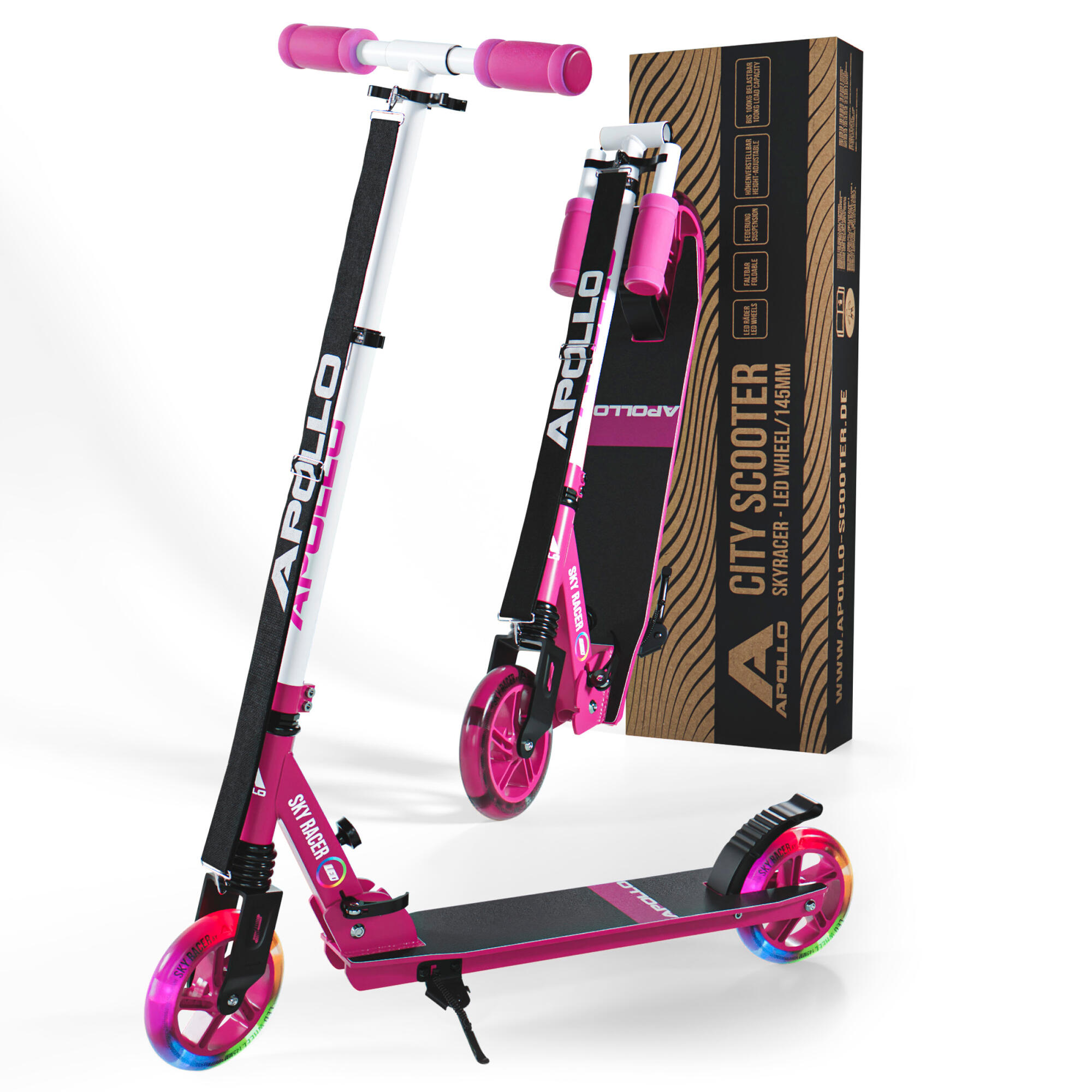 Apollo SkyRacer Hulajnoga 145 mm składana z amortyzacją i kołami LED