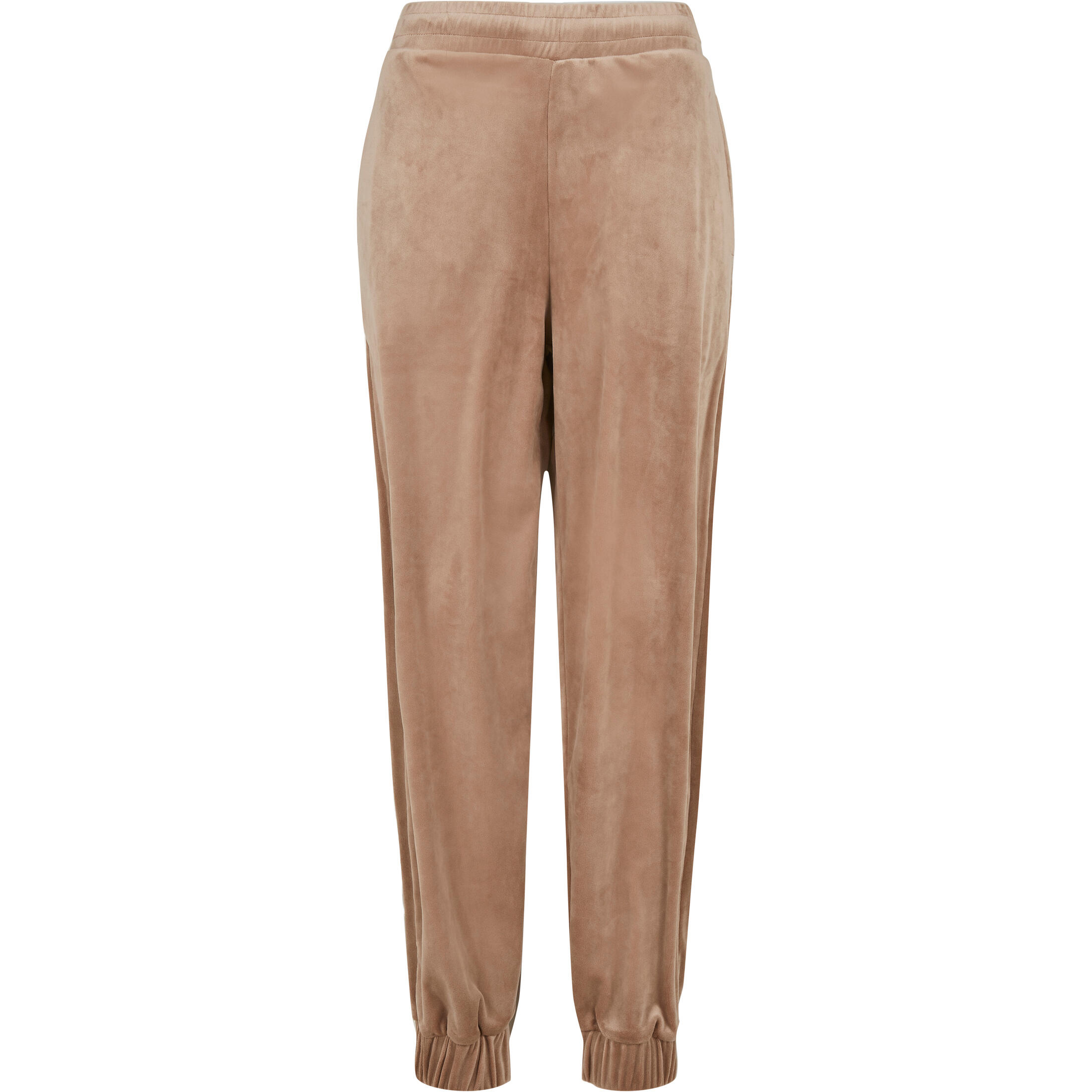 Damskie spodnie dresowe z wysokim stanem wykonane z weluru, o kroju z bufiastymi