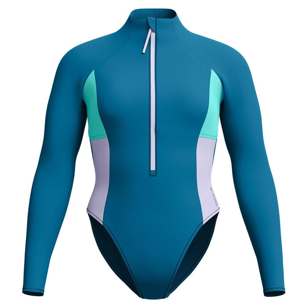 Damski Jednoczęściowy Kostium Kąpielowy Z Długim Rękawem Z Kolorowymi Wstawkami