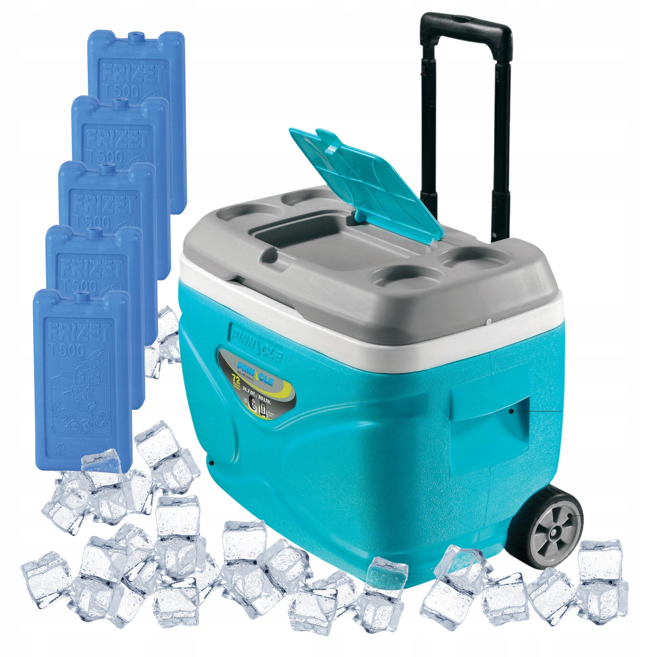 Lodówka turystyczna na kółkach turkusowa Pinnacle 30L + 5 wkładów 500ml
