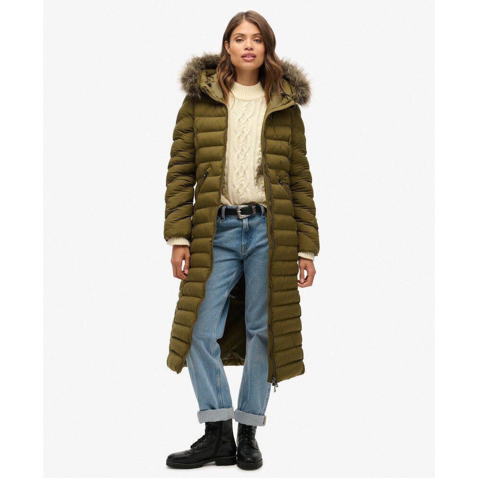 Długi Płaszcz z Kapturem z Sztucznego Futra Fuji od SUPERDRY