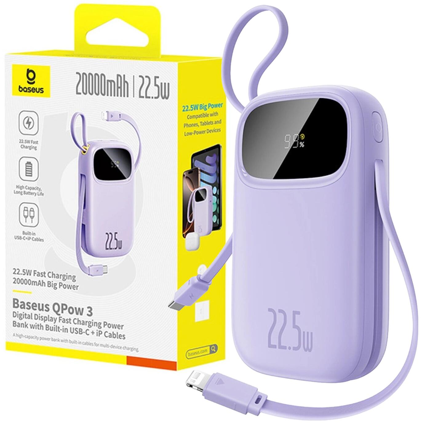 Powerbank Baseus 20000 mAh 22.5W USB-C USB-A wbudowane kable USB-C lightning