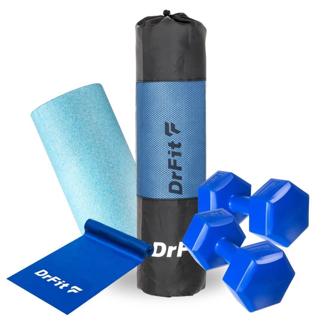 Zestaw treningowy: mata NBR, hantle, guma, roller Travel