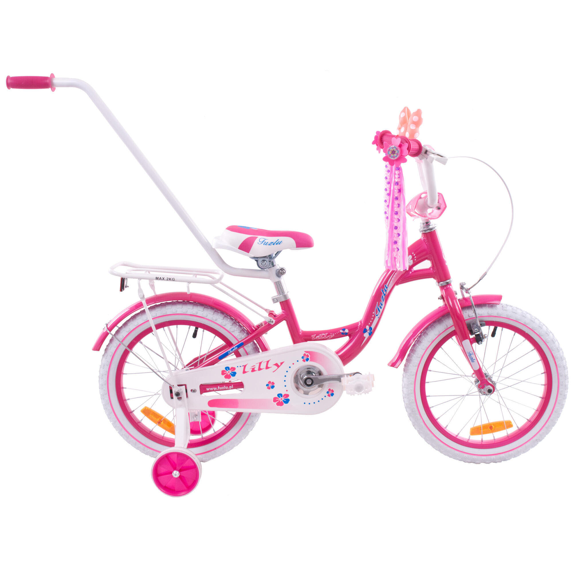 Rower dziecięcy na kołach 16'' rowerek Fuzlu LILLY różowo-biały aluminiowy