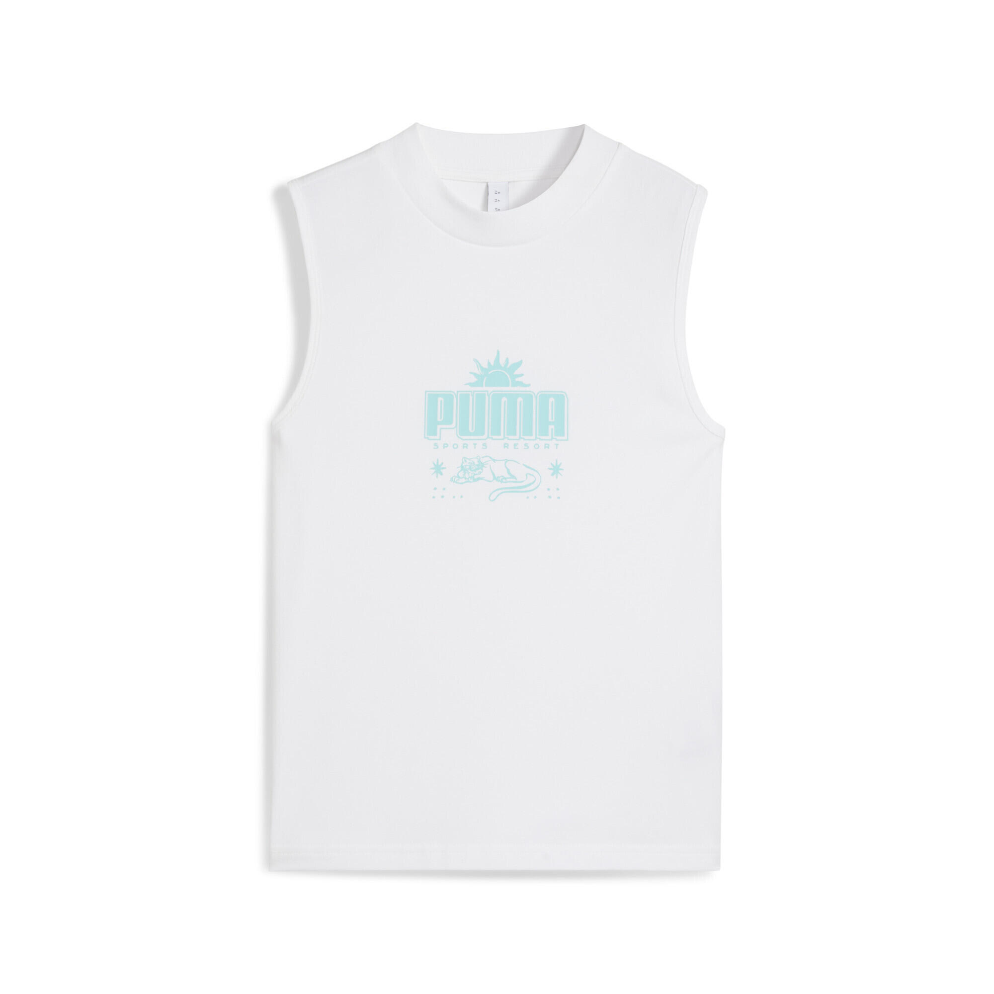 Damska wąska koszulka bez rękawów Palm Resort z grafiką PUMA White