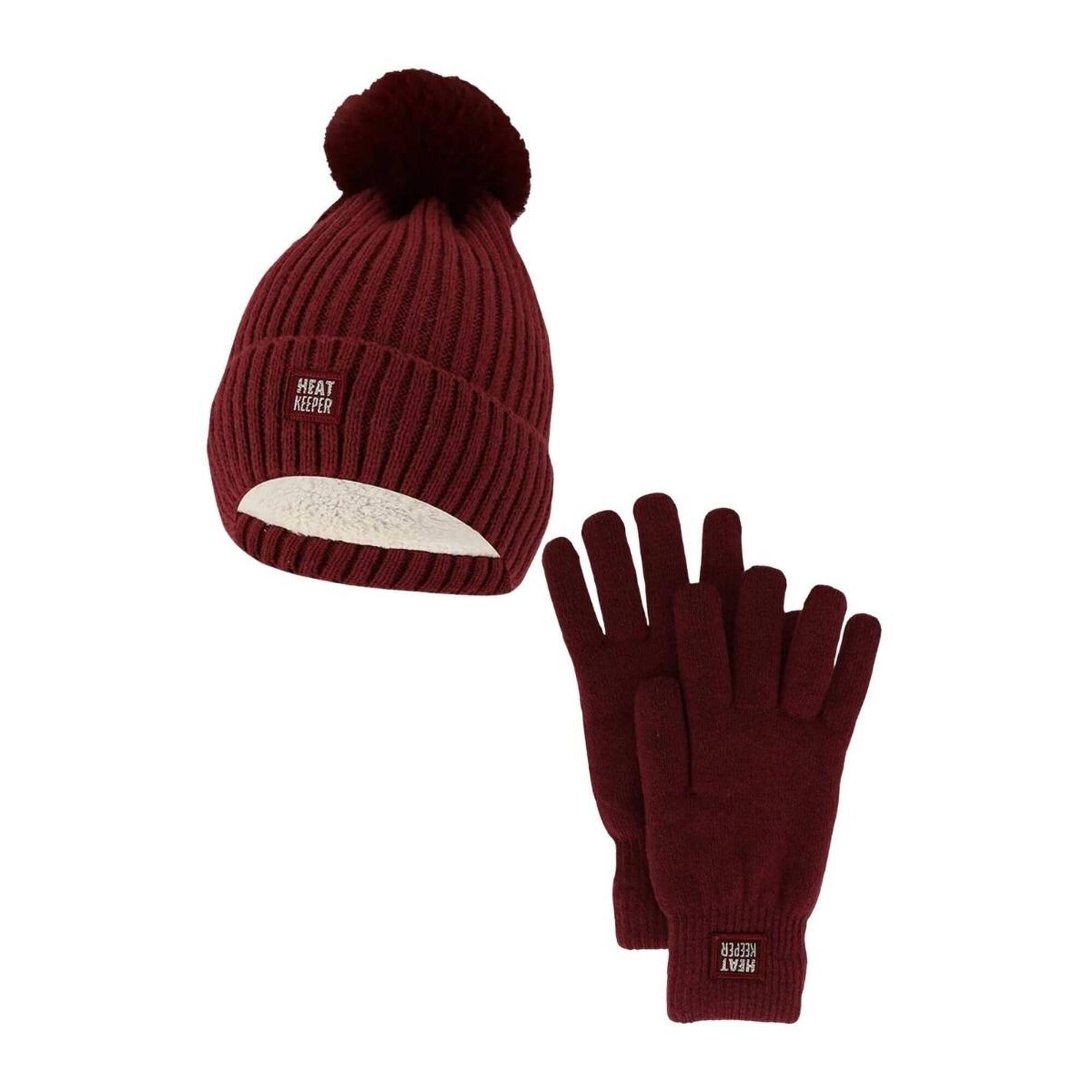 Damski Zimowy Zestaw Termiczny - Czapka + Rękawiczki - Burgundowy