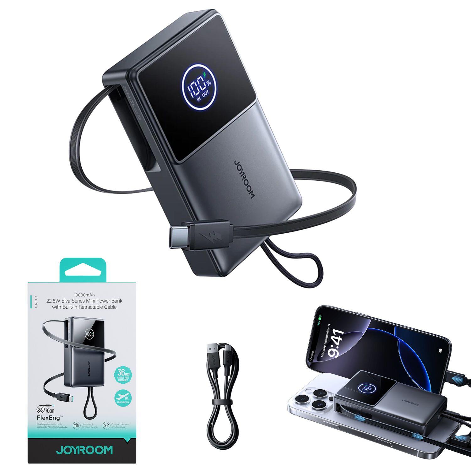 Powerbank Joyroom jr-pr1 10000mah 22,5w z wbudowanym zwijanym kablem usb-c