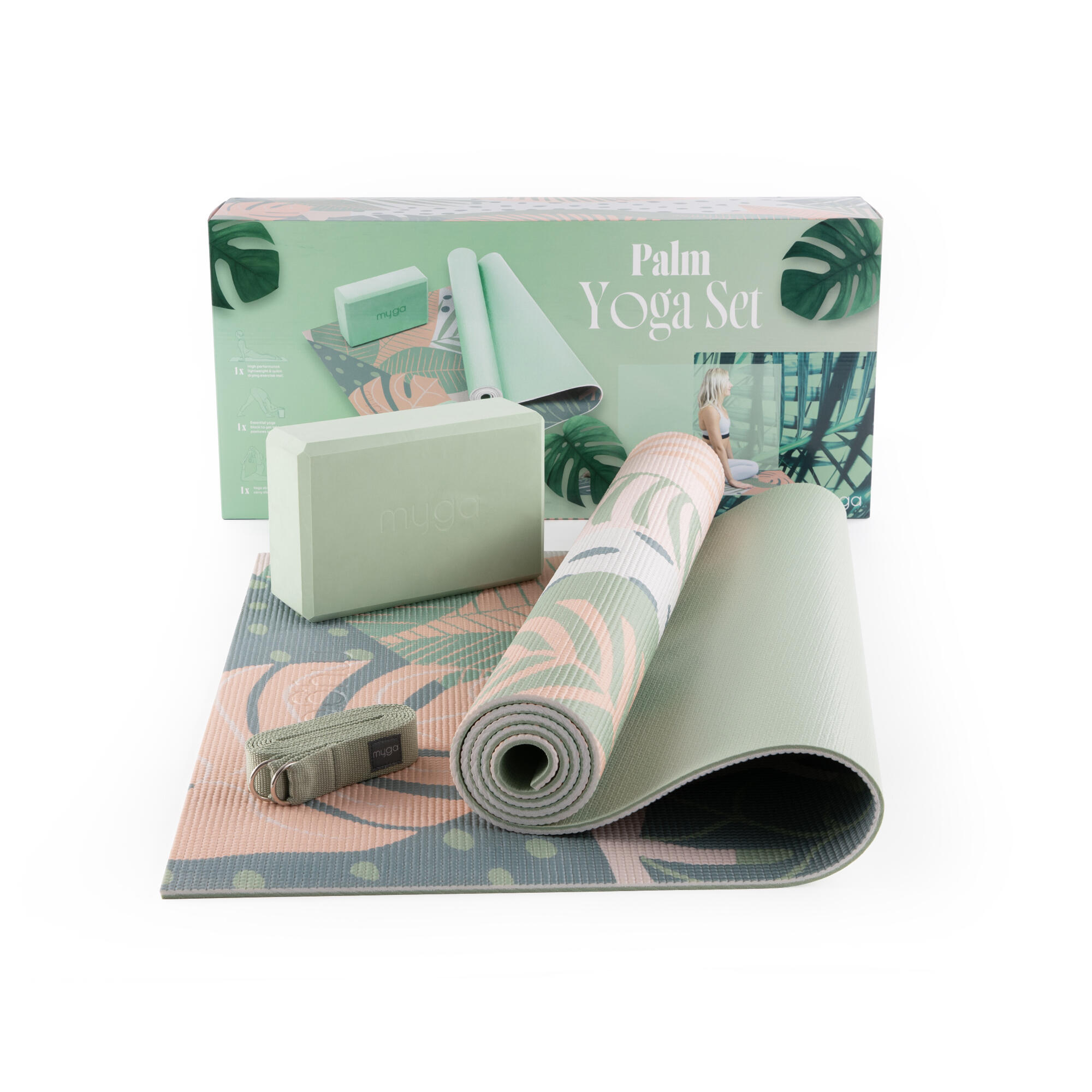 Zestaw do jogi myga Palm Yoga Set: mata, klocek, pasek