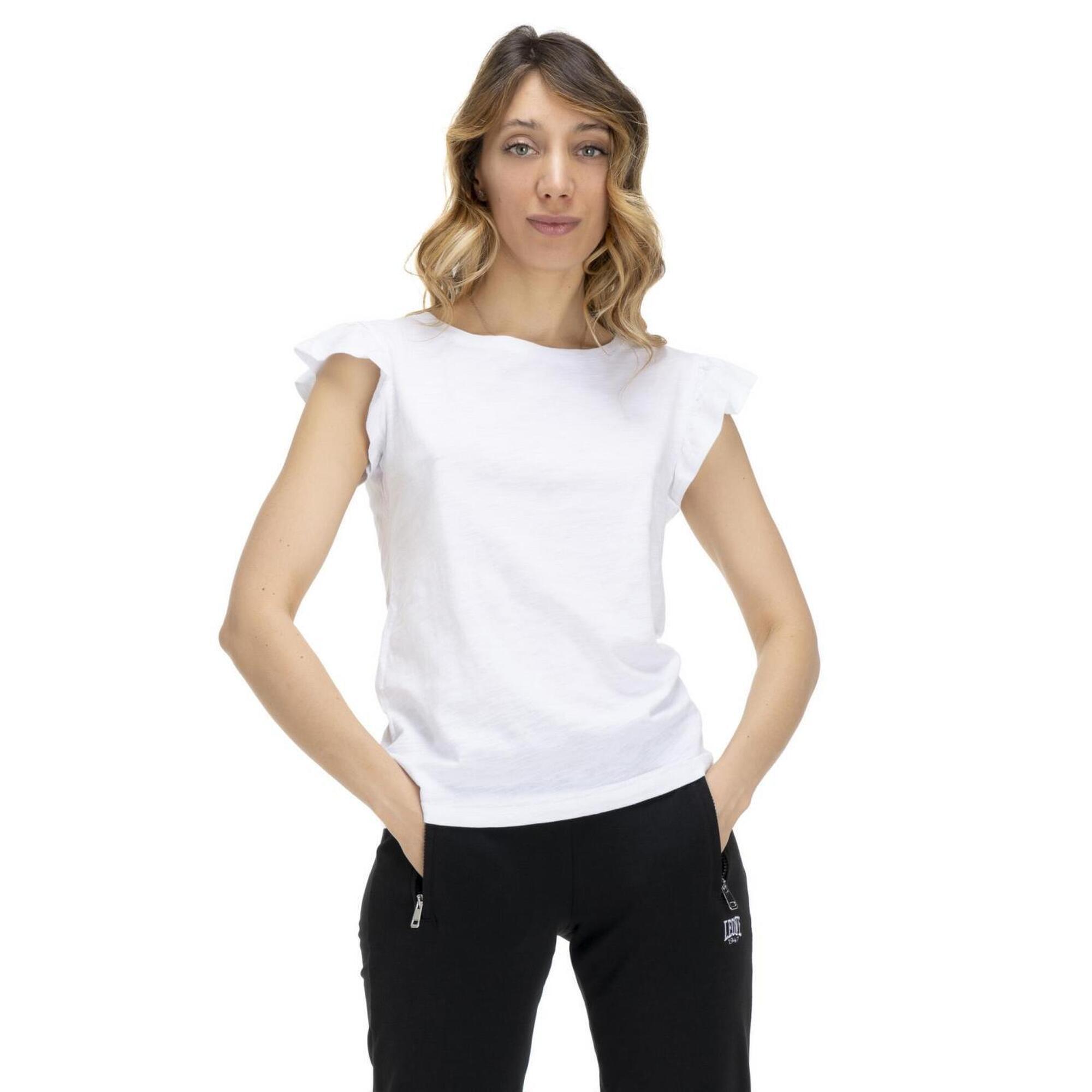 T-shirt damski z falbaną w kolorach ziemi