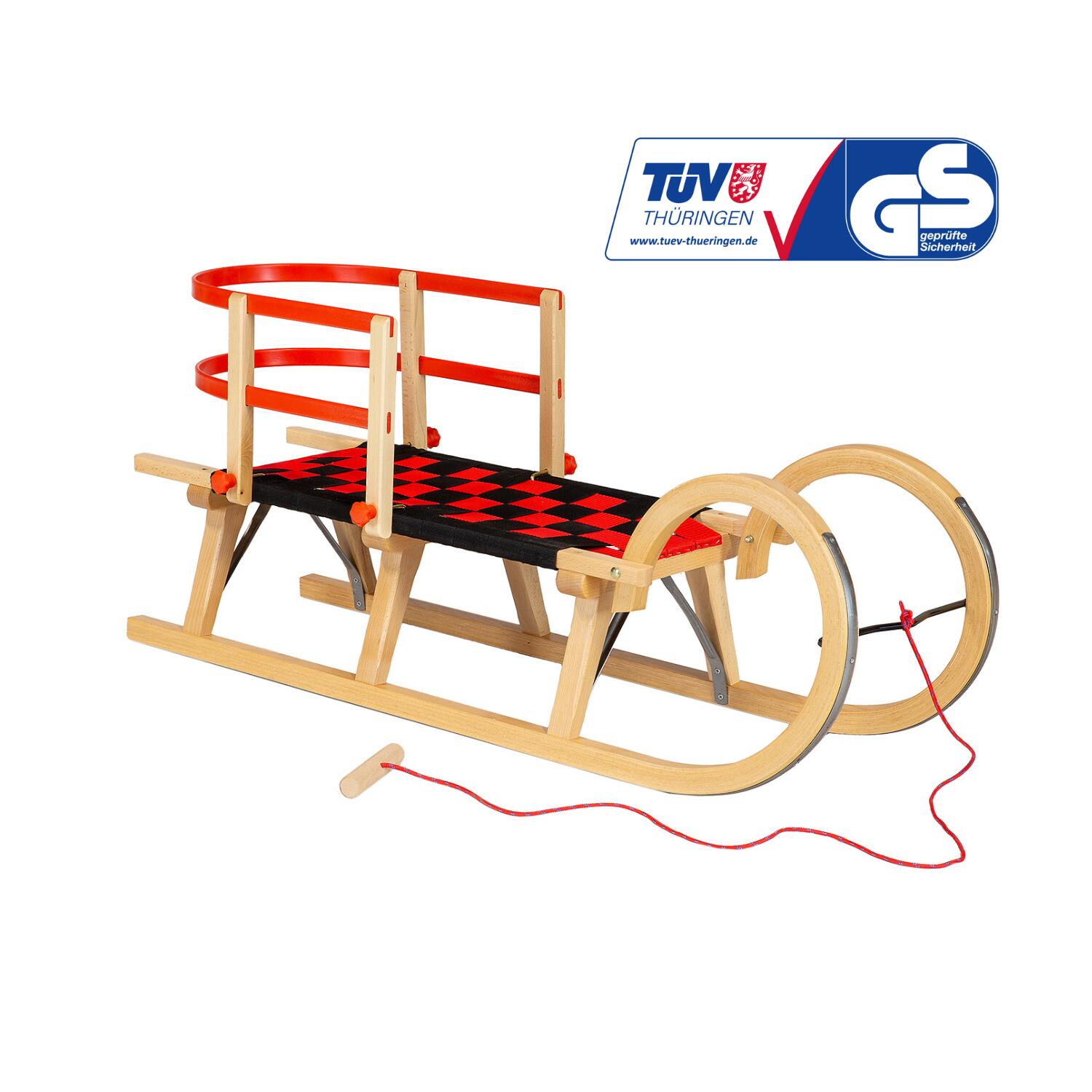 Zestaw sanki drewniane AD322 D110 + AD303 oparcie czerwone + AD300 sznurek