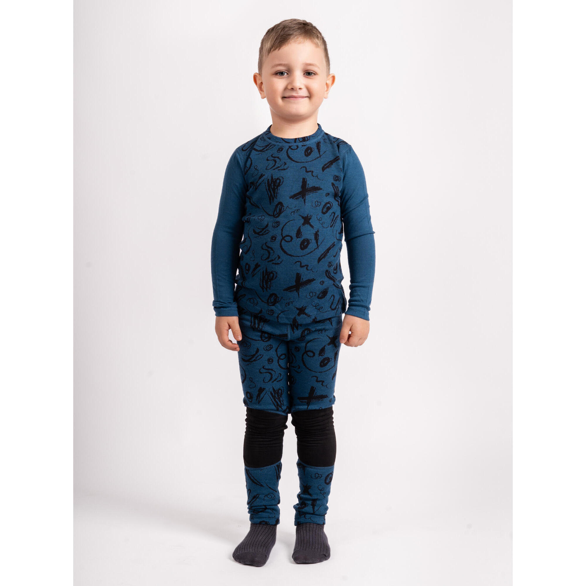 Dětské merino triko s dlouhým rukávem Nature, Petrolejová, Kresba