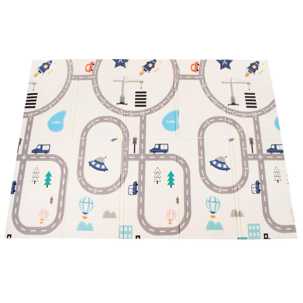 Dwustronna mata piankowa, edukacyjna dla dzieci 150x200 cm składana, pojazdy