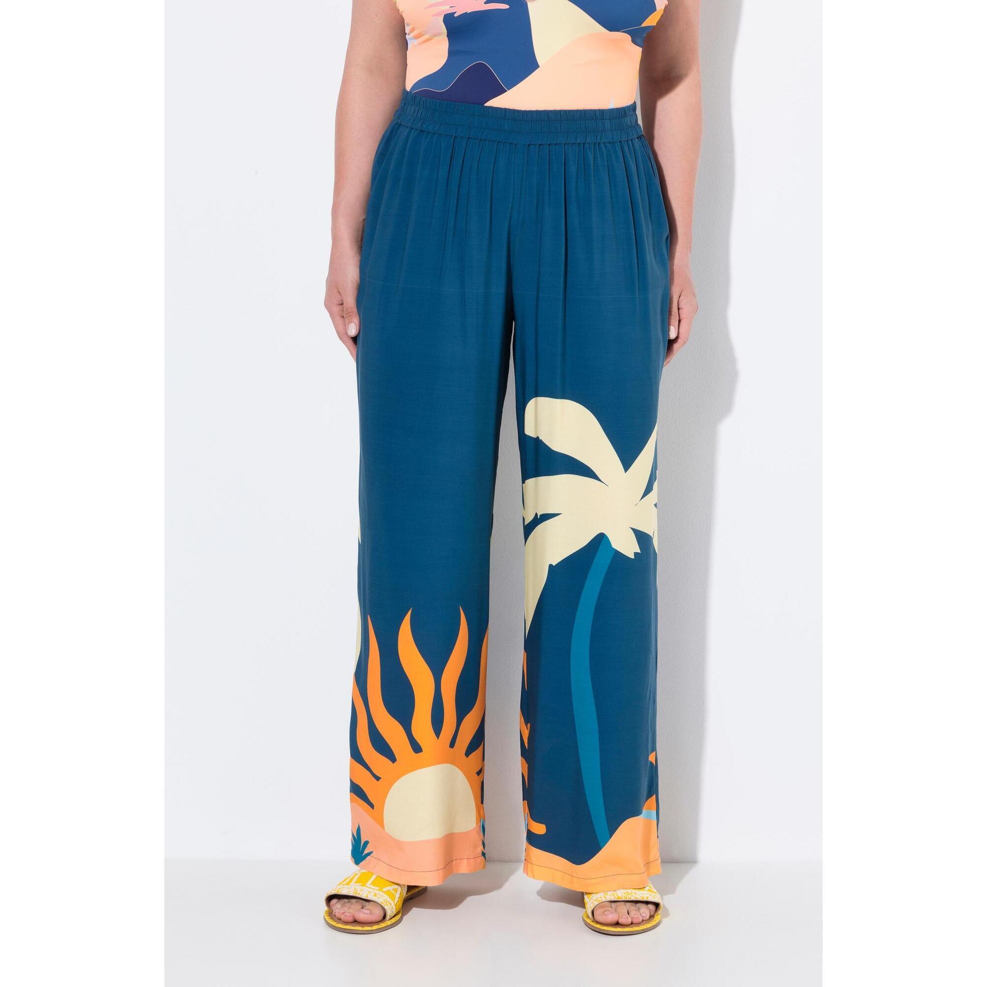 Damskie Spodnie palazzo palmy/słońce szeroka nogawka elastyczny pas
