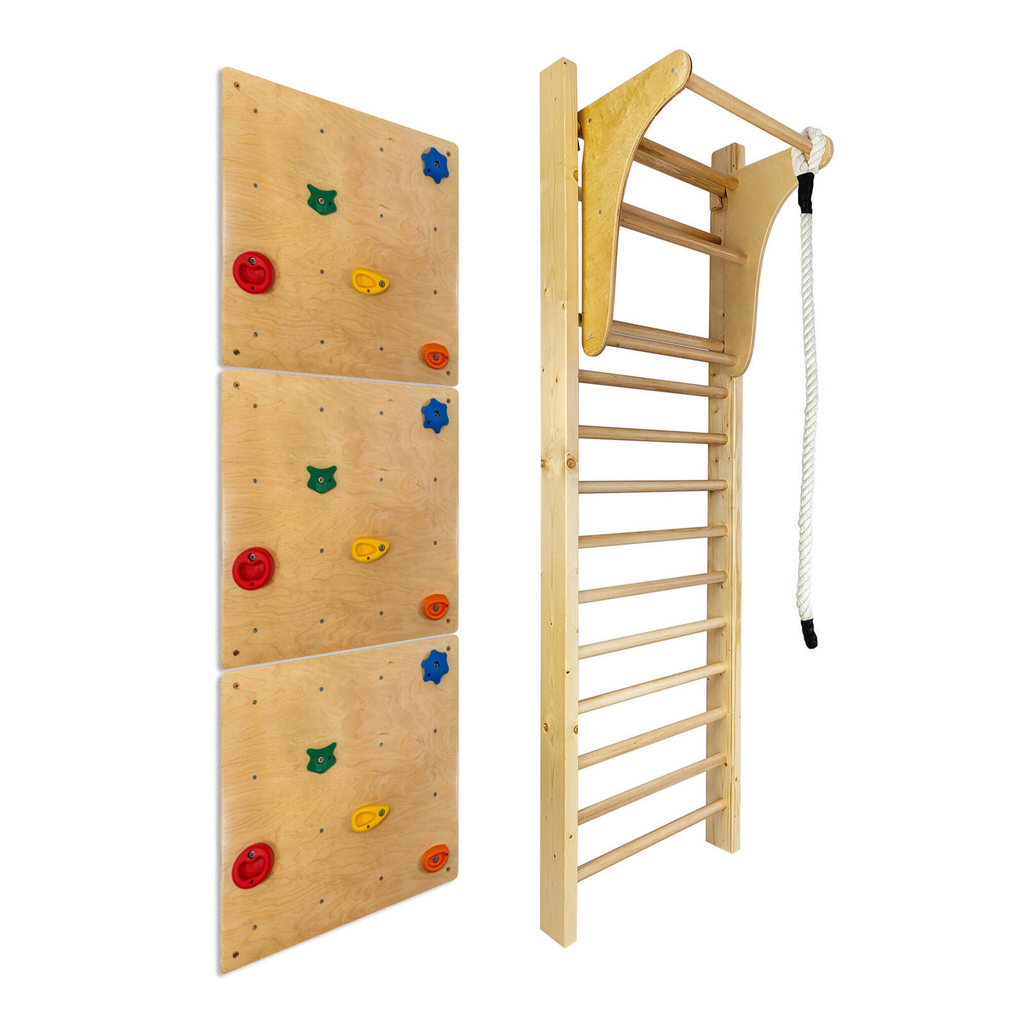 Drabinka gimnastyczna LEON 220x80 drewniana + drążek + ścianka wspinaczkowa