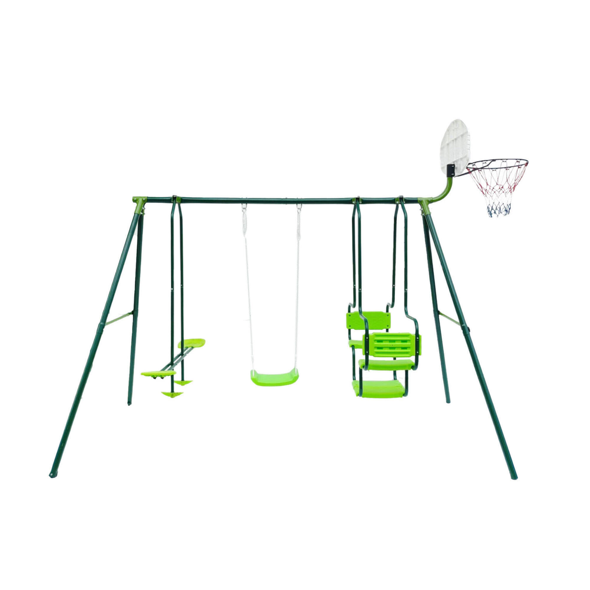 Huśtawka z trzema słupkami i obręczą do koszykówki