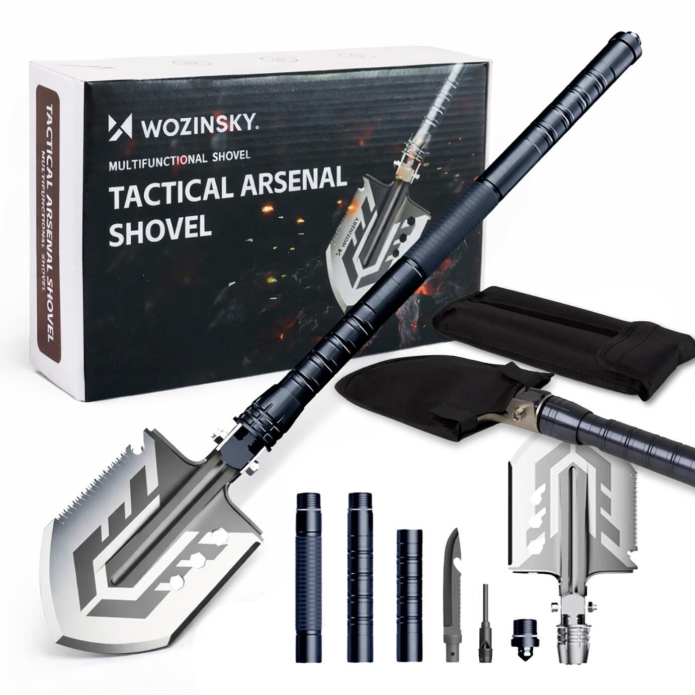 Saperka składana survival bushcraft nóż zbijak krzesiwo gwizdek harpun 21w1