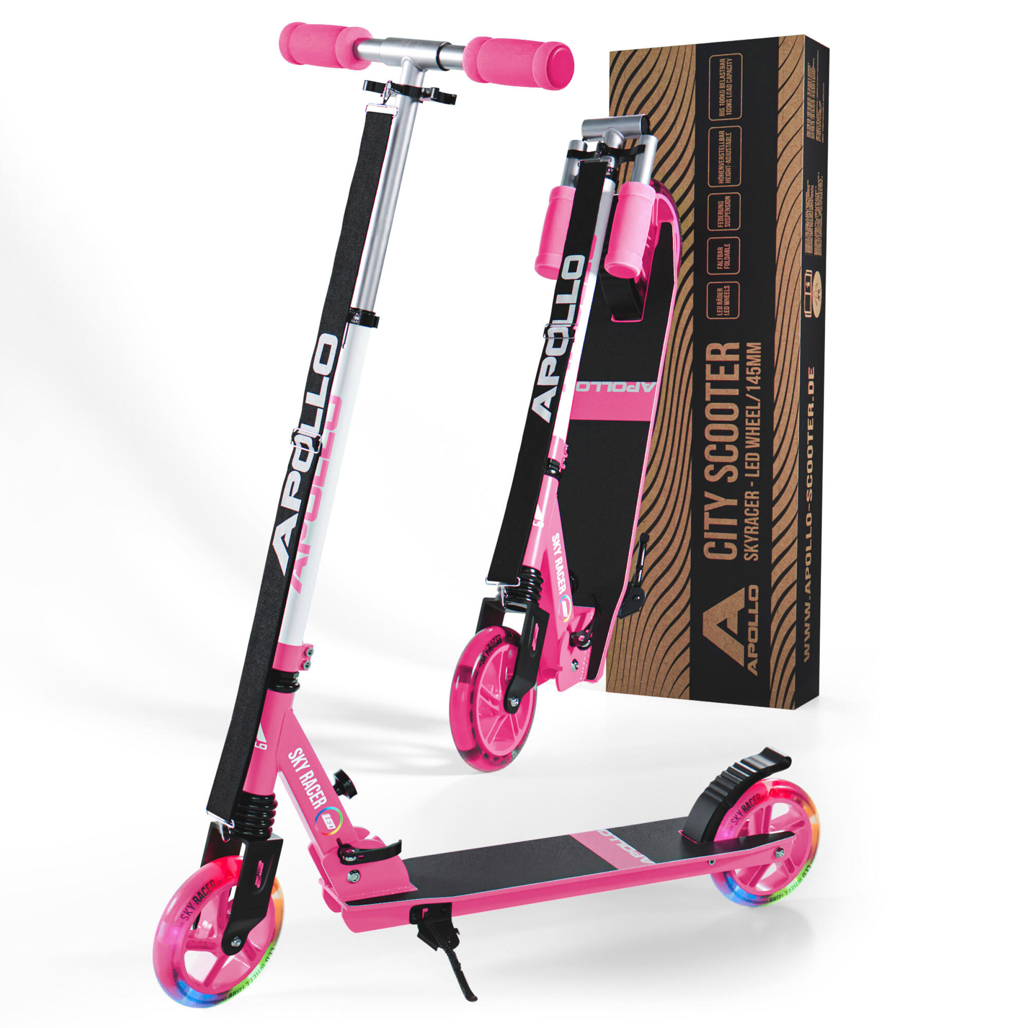 Apollo SkyRacer Hulajnoga 145 mm składana z amortyzacją i kołami LED