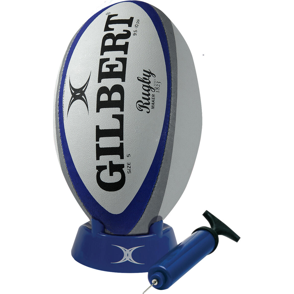Zestaw startowy Gilbert, zawierający podstawkę tee do rugby i pompkę, bez piłki