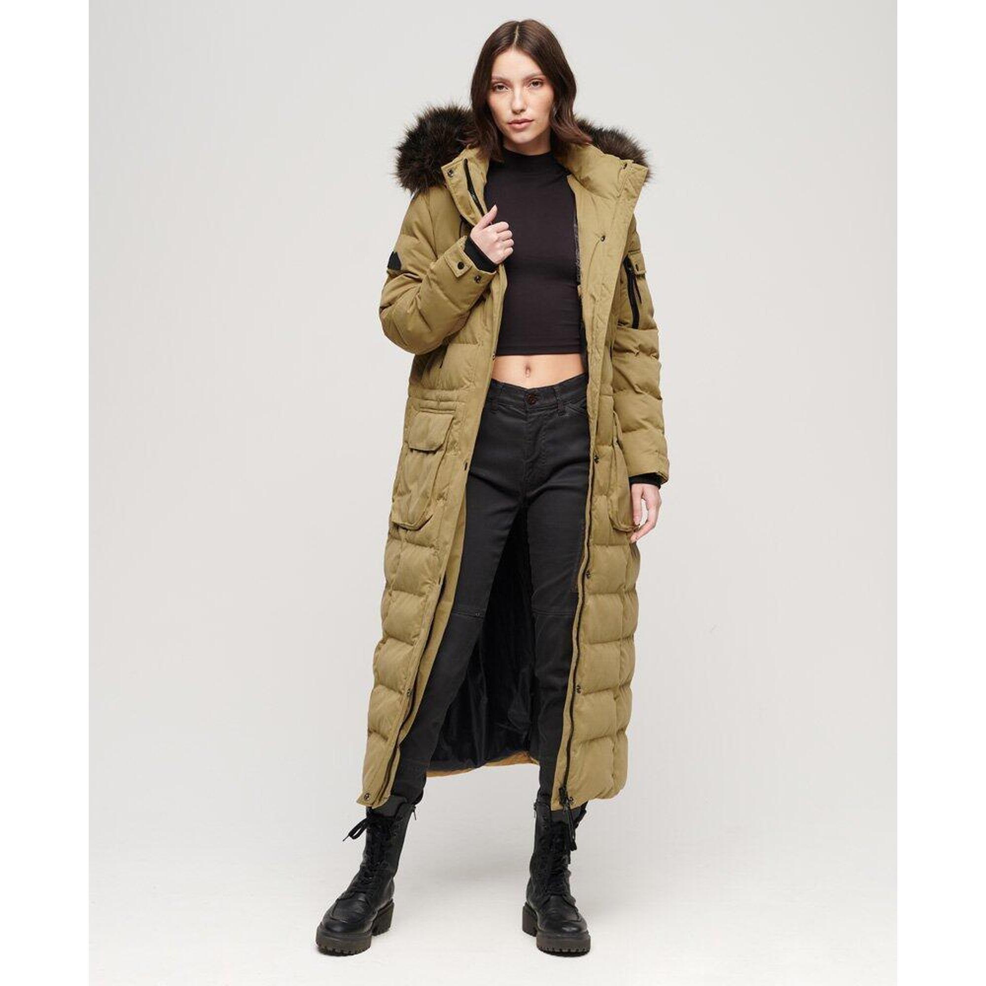 Długi płaszcz z kapturem z futerka sztucznego SUPERDRY