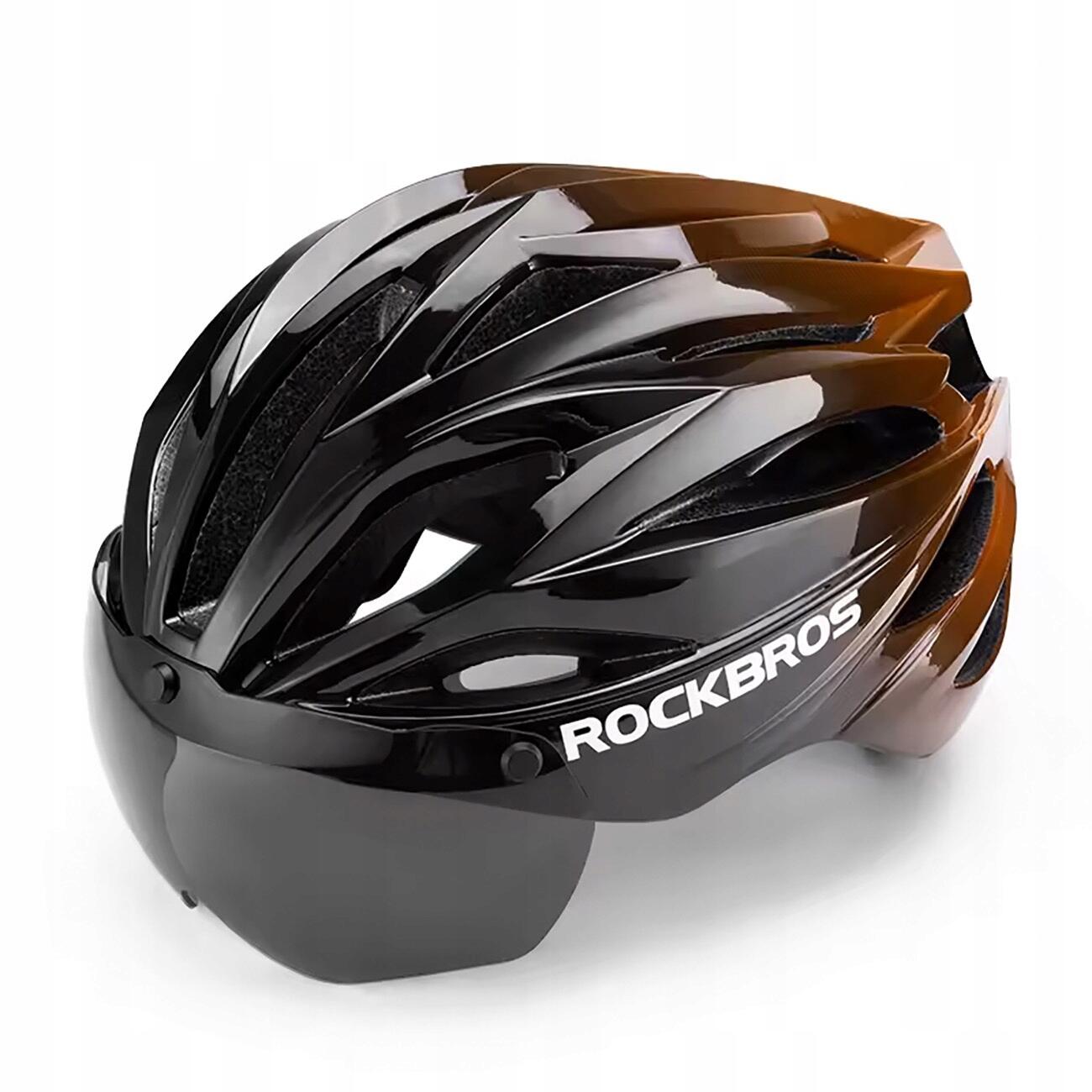 Kask rowerowy Rockbros z okularami UV regulacja 58-62 cm, unisex, czarno-brązowy