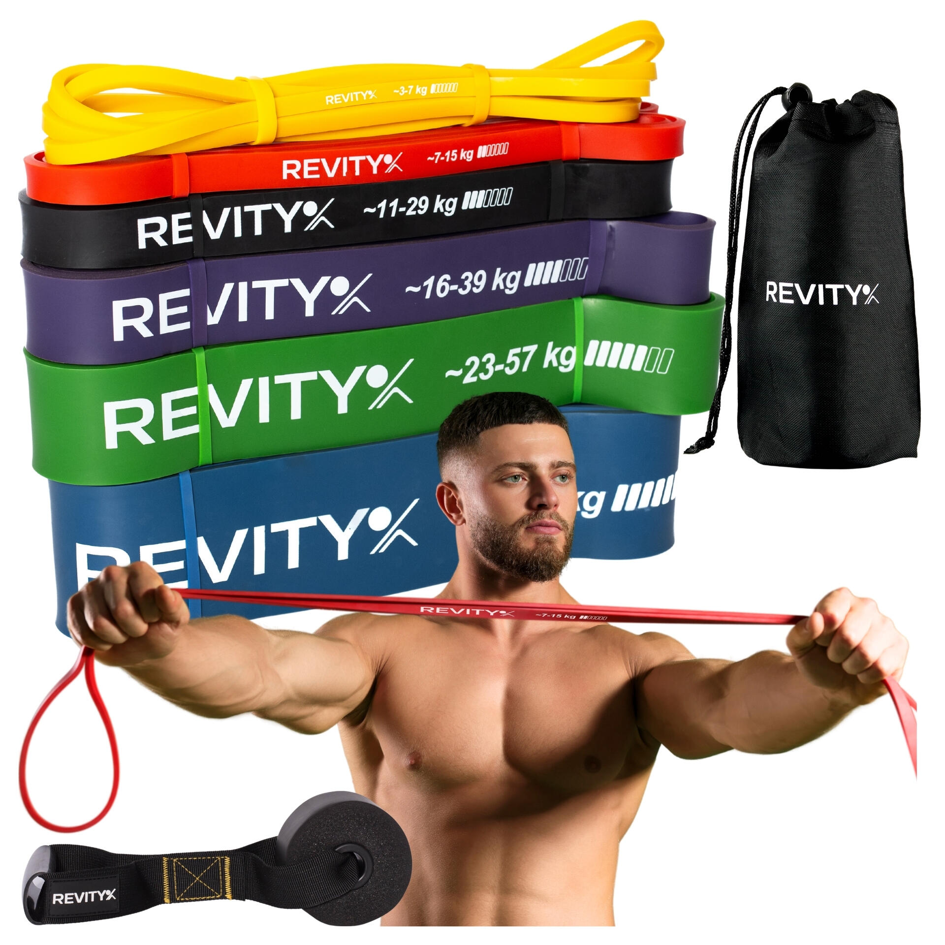 Gumy do ćwiczeń oporowe Zestaw Power Bands Revity + akcesoria