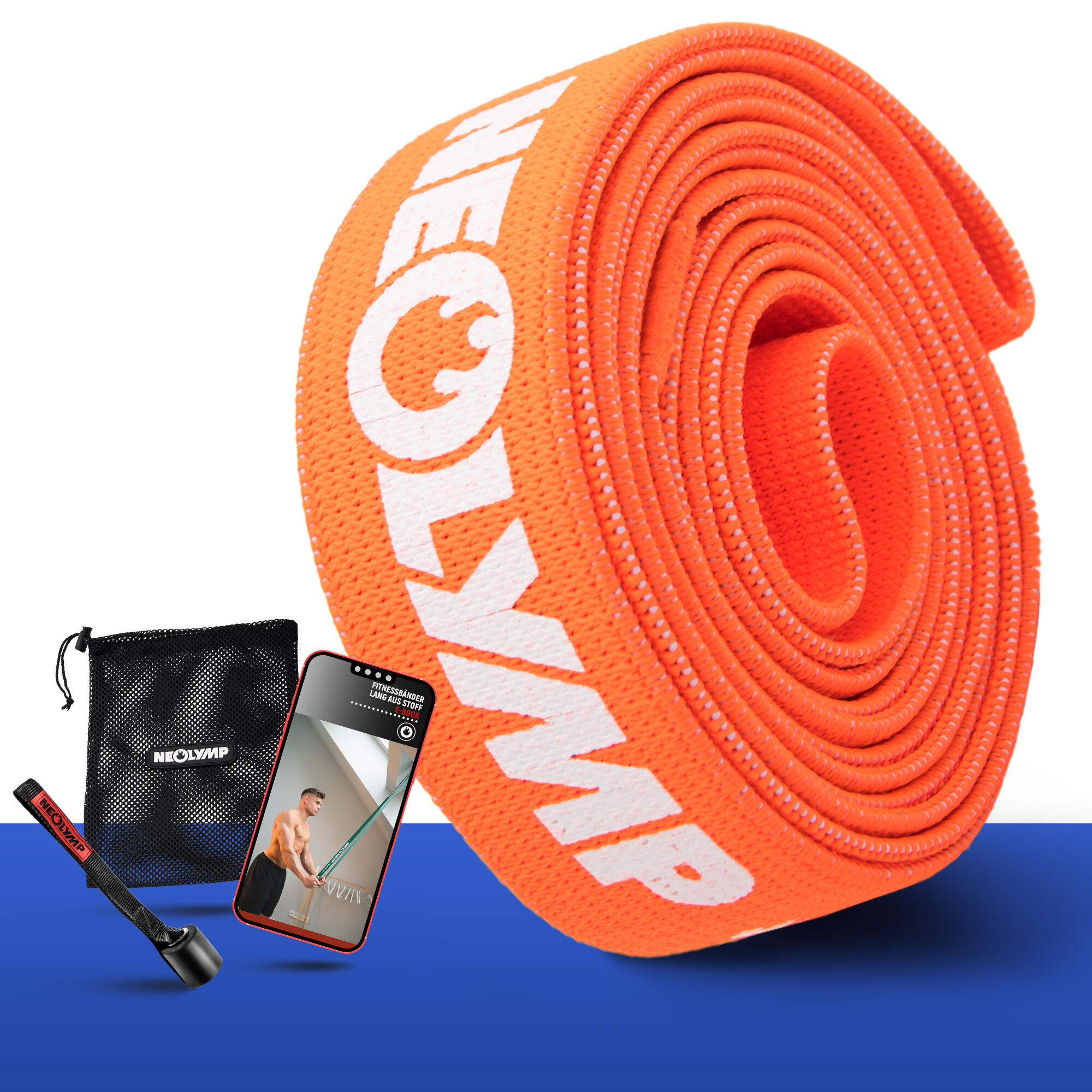 Długie taśmy fitness z tkaniny – poziom oporu 2, taśmy treningowe z torbą